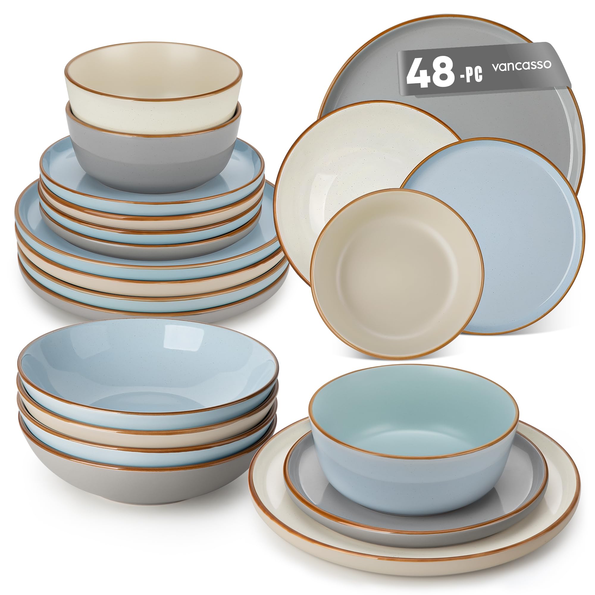 vancasso Reno Stoneware Dinner Set for 12, 48 Pieces Plates and Bowls Set with Dinner Plates, Dessert Plates, Cereal Bowls & Soup Bowls, Speckled Crockery Set in Mixed Colors, Chip & Scratch Resistant
