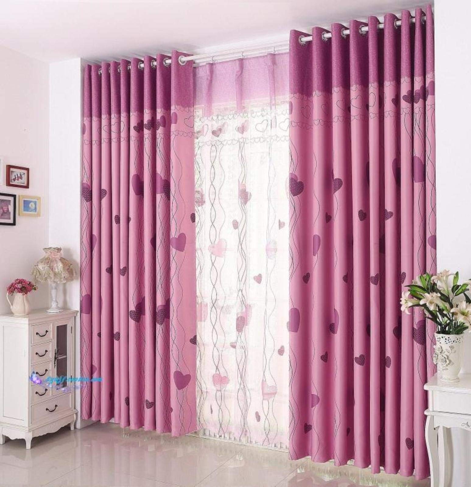 Rideau violet Coeur Rose d'amour occultant à oeillets 150x270cm pour salon