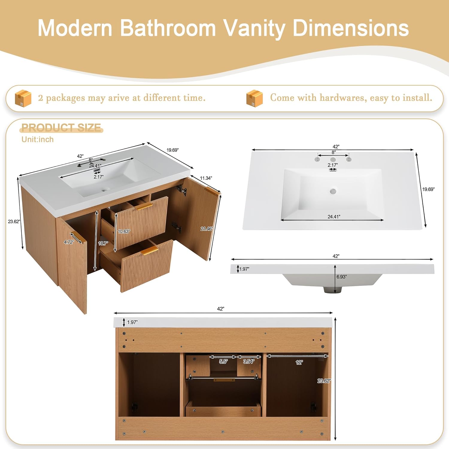 42 Inch Floating Bathroom Vanity with Thick SMC Countertop Single Sink, Wall Mounted Bathroom Vanities Wood Grain Vanity for Bathrooms with 2 Soft-Close Doors 2 Fluted Drawers, Easy Assembly (Wood)