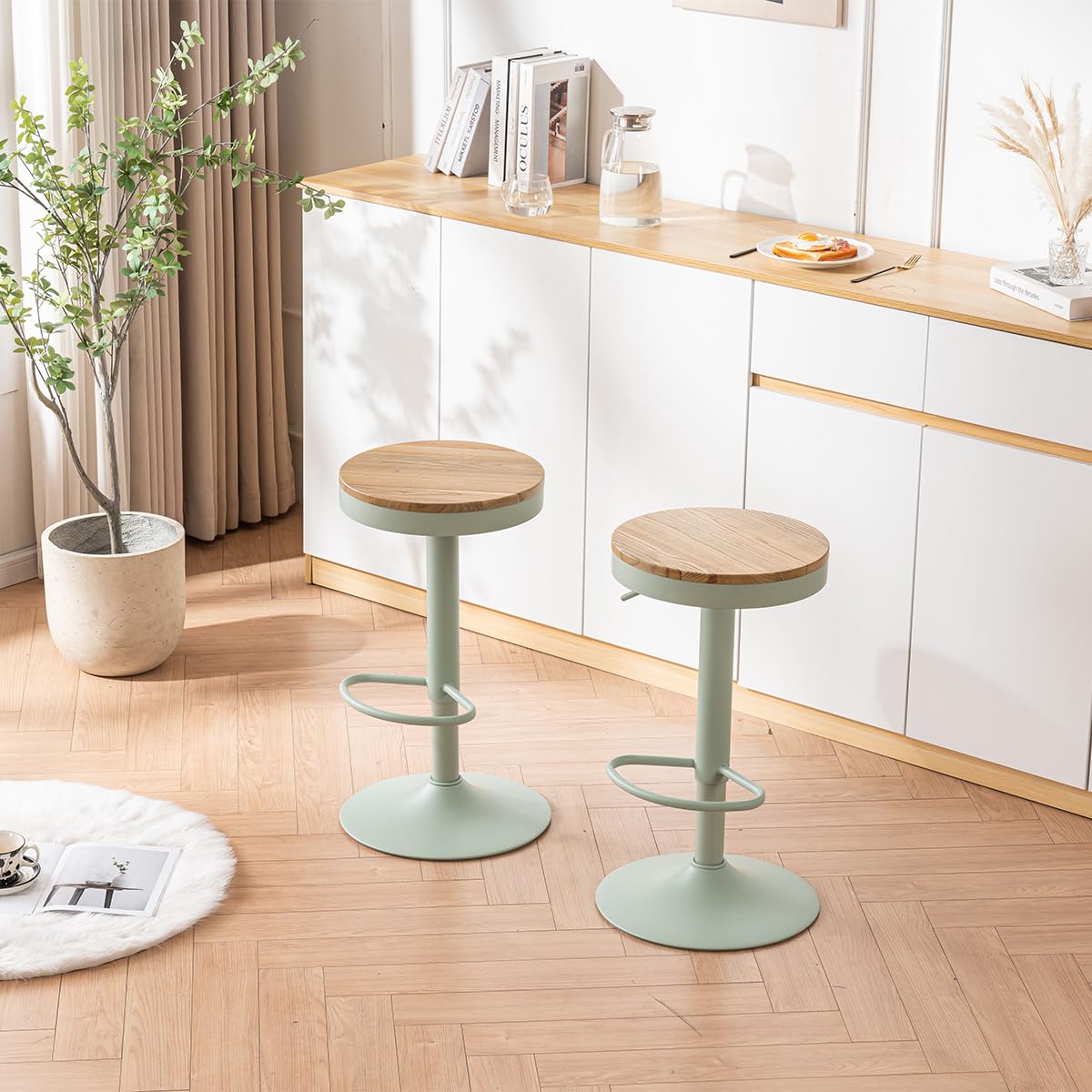 YOUNIKE Tabouret de Bar Lot de 2, Chaise de Bar à Manger en Bois Massif, Tabouret Haut Vintage, Tabouret Haut réglable pivotant, Facile à Assembler, Cuisine et Maison, Vert