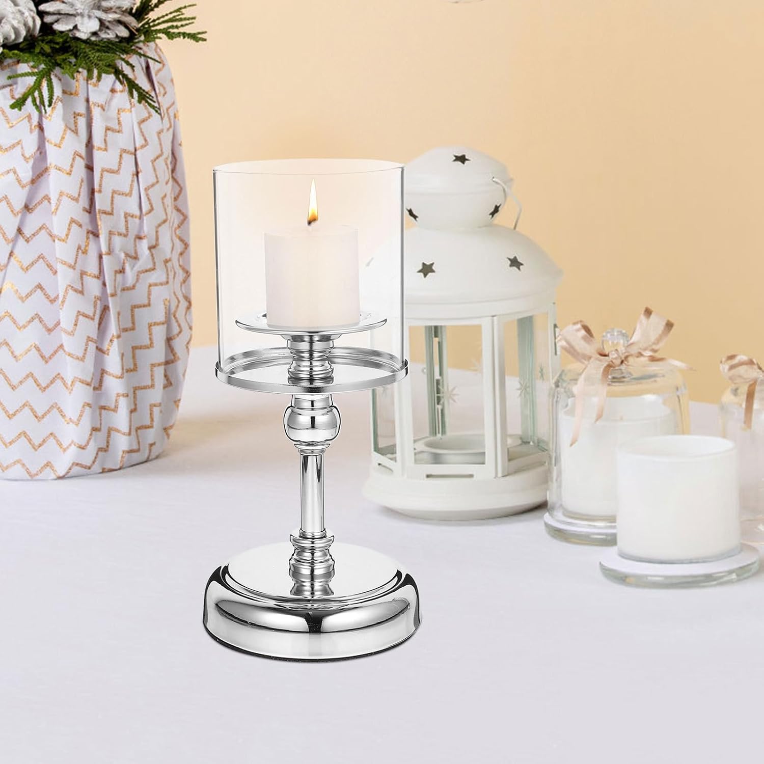 ULTECHNOVO Vintage Silver Hurricane Candle Holder with Glass and Metal, Elegant Tealight Candle Stand for Dining Table and Party Home Decor