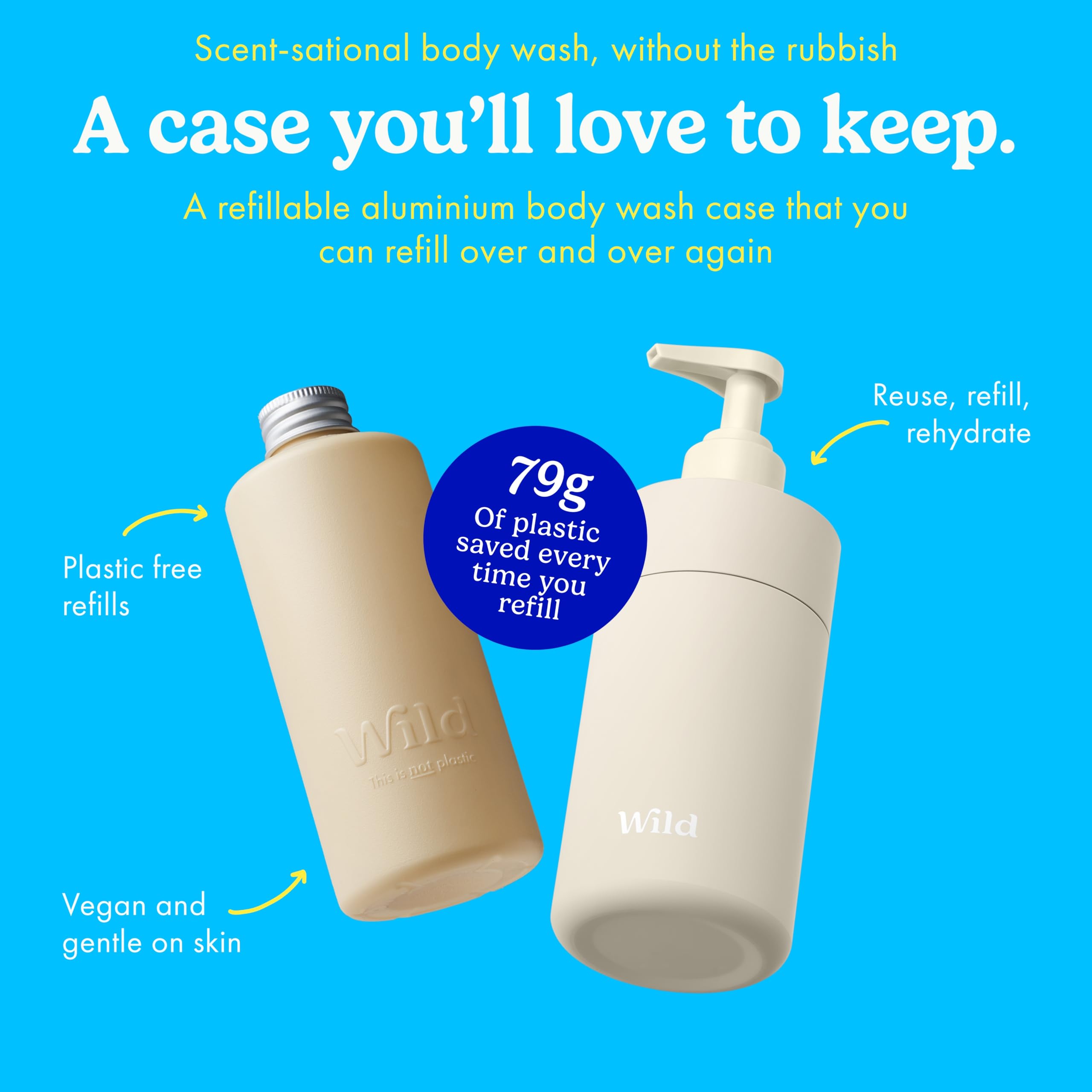 Wild Kit de inicio de gel de baño recargable - Carcasa de aluminio color marfil y 3 recambios en varios aromas - 95% ingredientes naturales - Aromas Coconut & Vanilla Honey & Almond y Amber & Oud