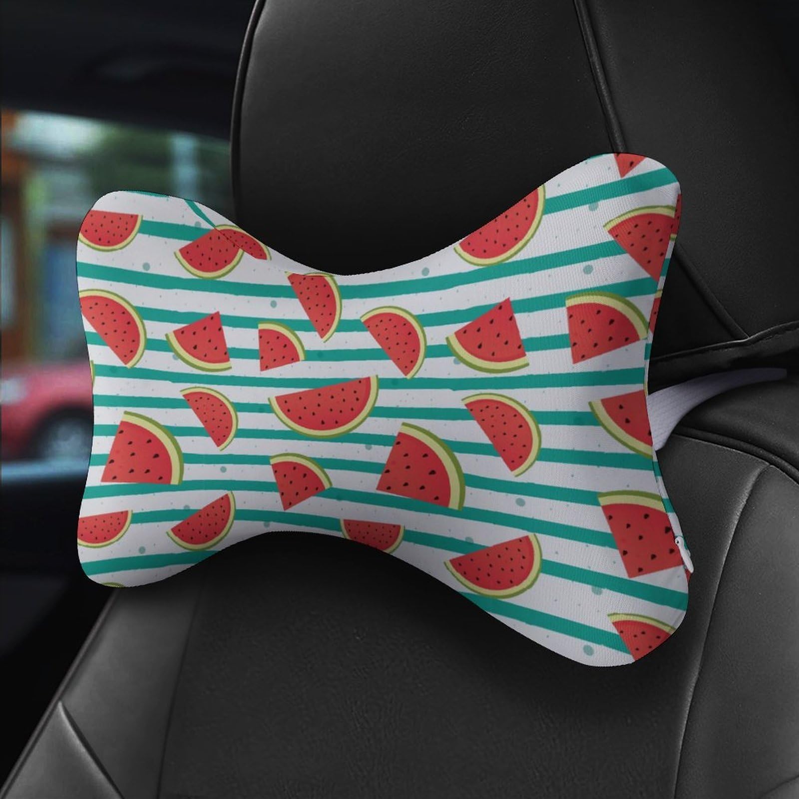 SMAZDFXX Watermelon Slices Green Striped Car Neck Pillow Set of 2 Car Seat Head Support Cushion Bone Pillows with Elastic Strap