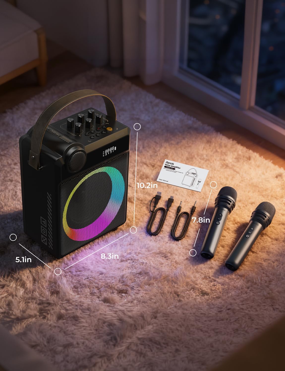 RIENOK 100W Portable Voice Amplifier with 2 Wireless Microphones, Big Pro Sound Portable Speaker with Microphone, Bluetooth Speaker PA System Karaoke Machine Support BT/USB/TF Card/Aux/Guitar S17