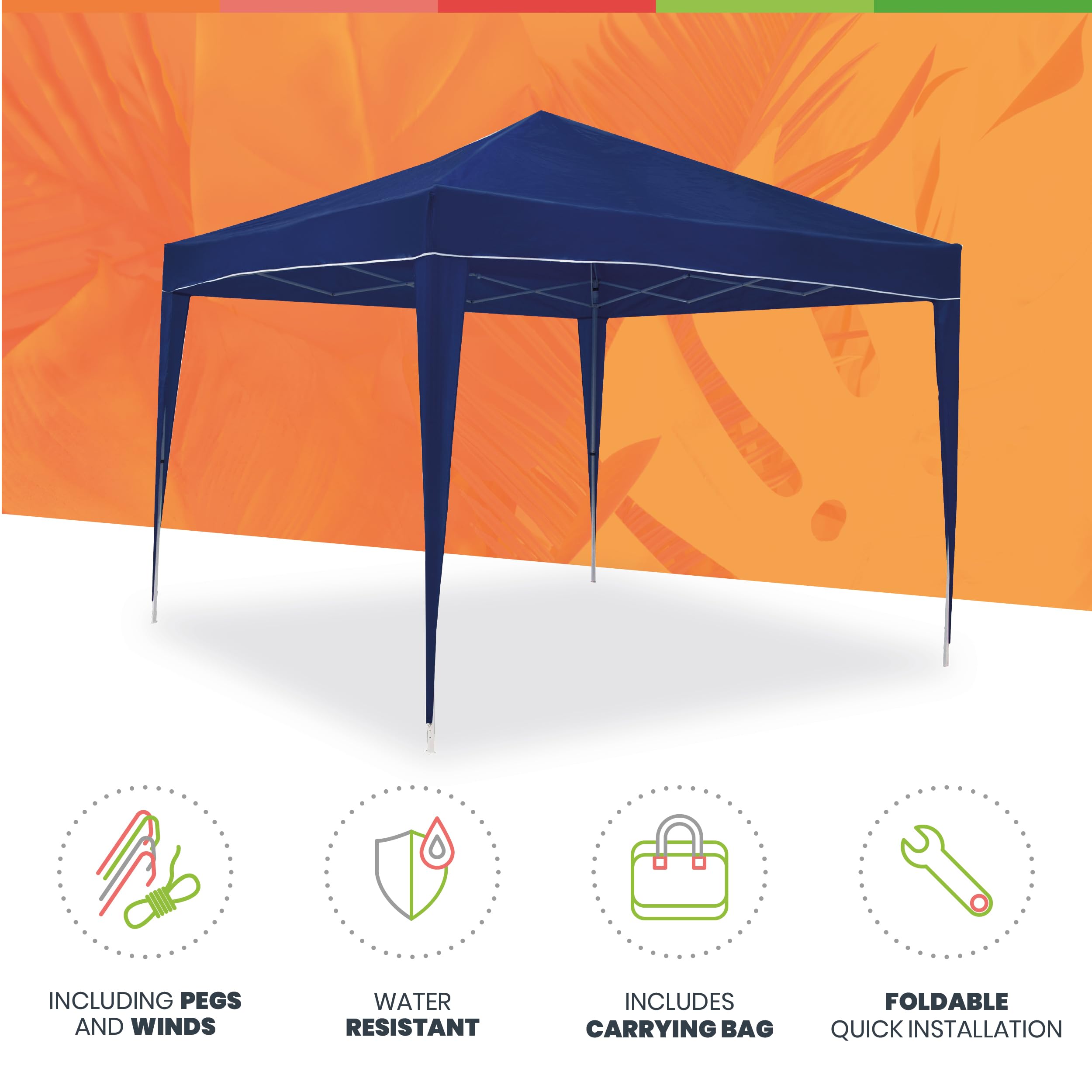 wasabi Składany pawilon, 3 x 3 m, klasyczny, niebieski, do ogrodu, na taras, kemping, plażę
