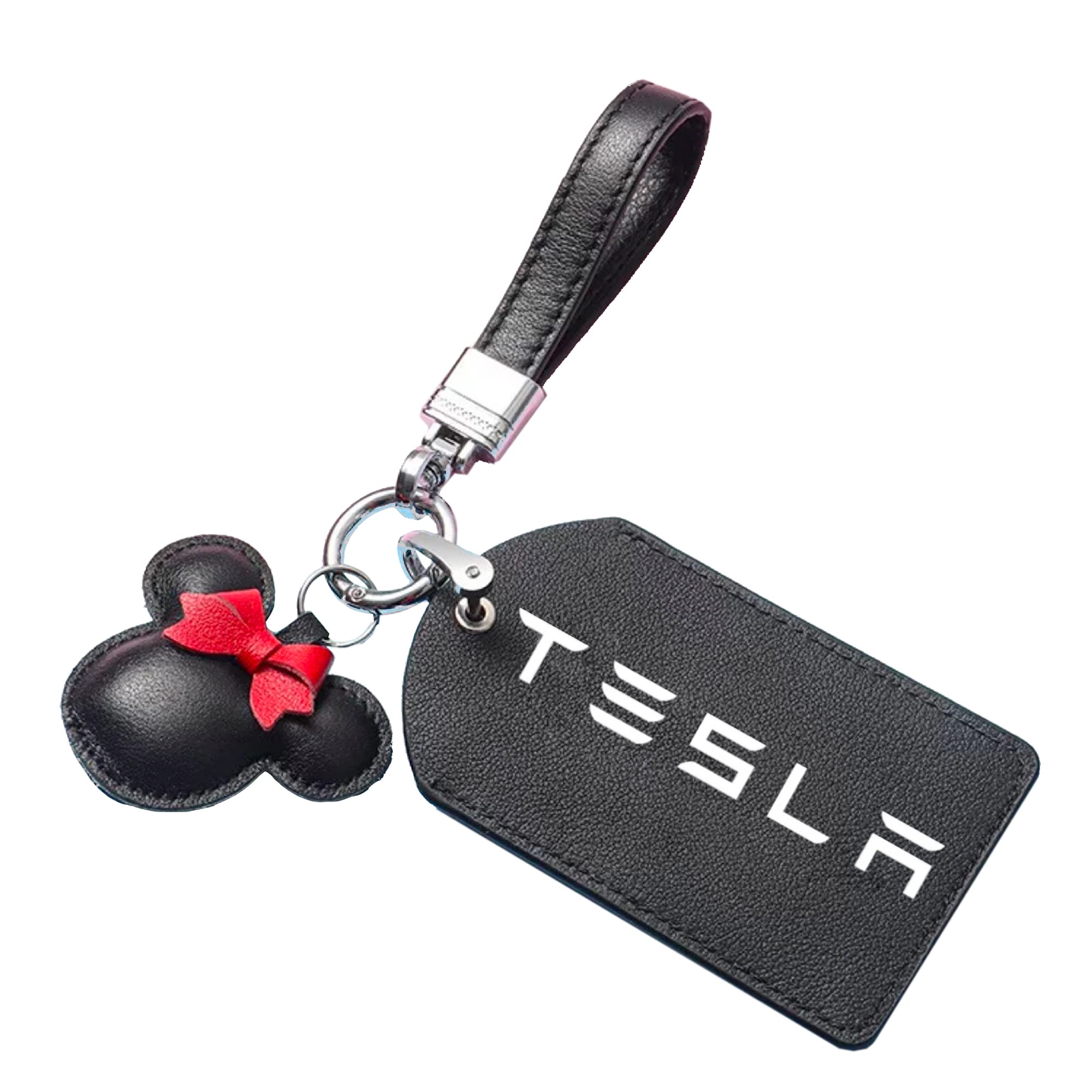 ACEDOAMARE Key Card Holder for Tesla Model 9, Model Y, Model S, Model X genuine leather fiber Keychain Car key Fob case Key Protection Case (Minnie pad+Card key cover) (BLACK)