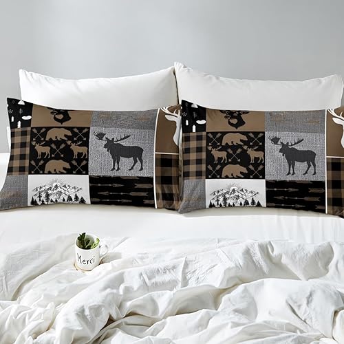 Miniatura 240 de Sábana bajera ajustable de oso de caza, juego de ropa de cama a cuadros de búfalo, sábanas de retazos de cabaña rústica para niños, niños, Multi