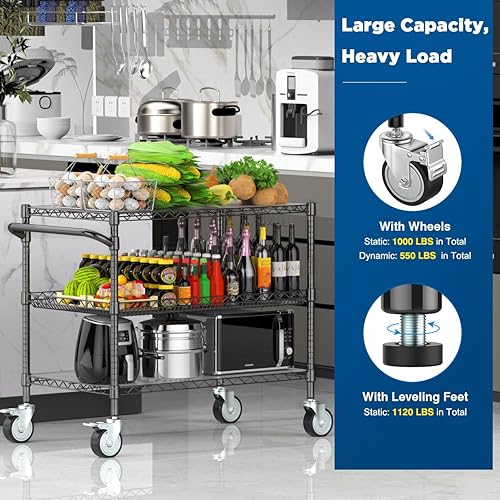 Miniatura 8 de Leteuke Carrito rodante de 3 niveles resistente con ruedas, certificado NSF, capacidad de 1120 libras, carrito utilitario rodante de grado comercial