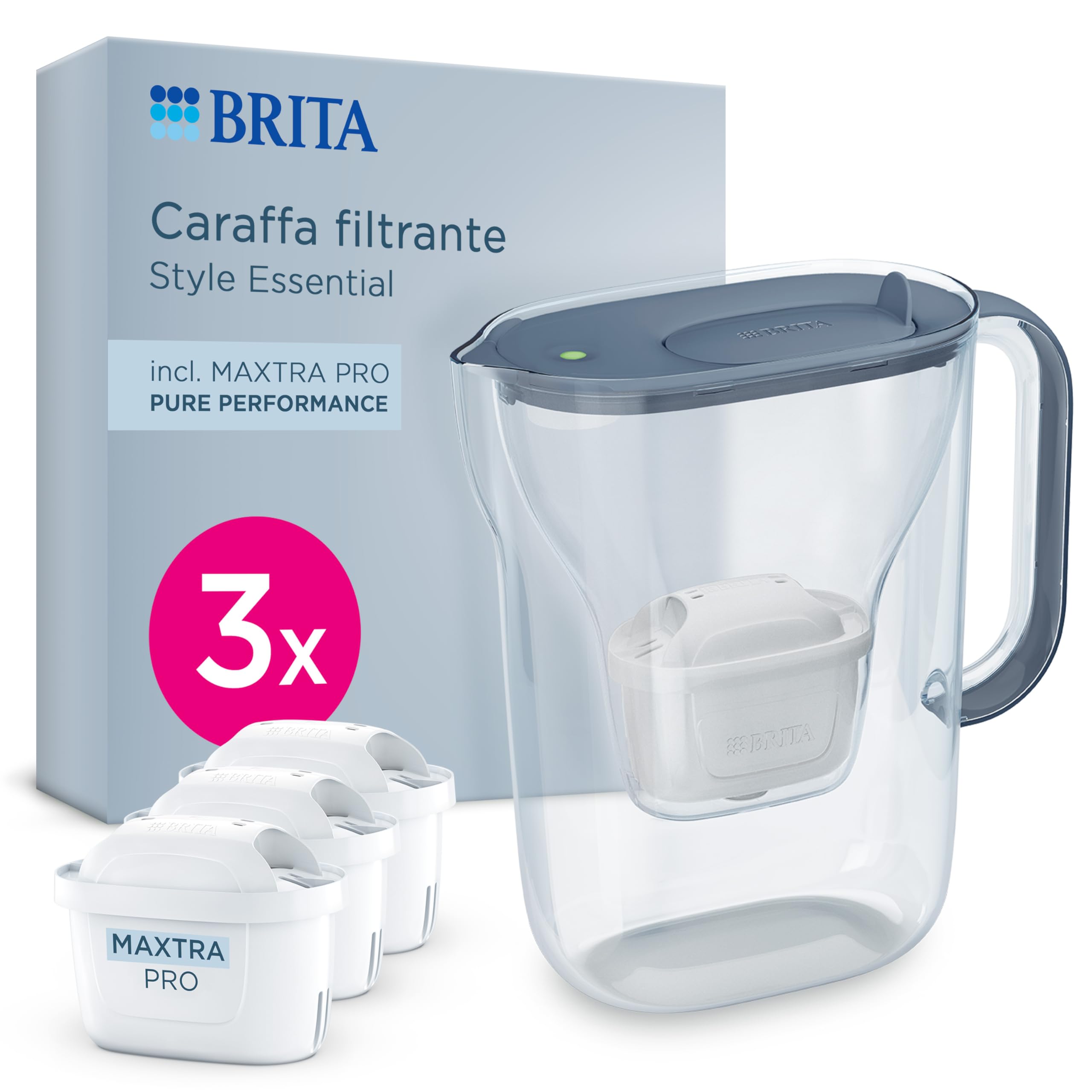 BRITA Caraffa Filtrante Acqua Style Essential Stone Blue 2.4 L con 3X MAXTRA PRO PURE PERFORMANCE