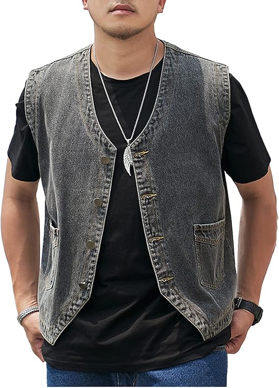 Omoone Mens Casual Denim Vest Sleeveless Jean Vests Jacket Button Down