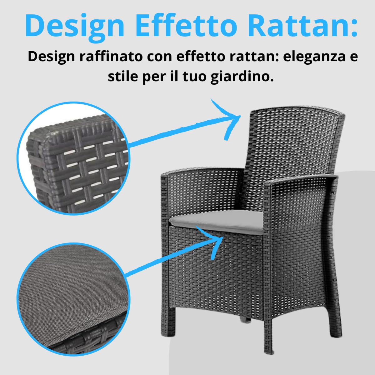 Tomaino - Salotto Da Giardino In Plastica Rattan Con Cuscini Sfoderabili Per Esterno - Set Balcone, Terrazzo Tavolino Con Sedie Resistenti Nero