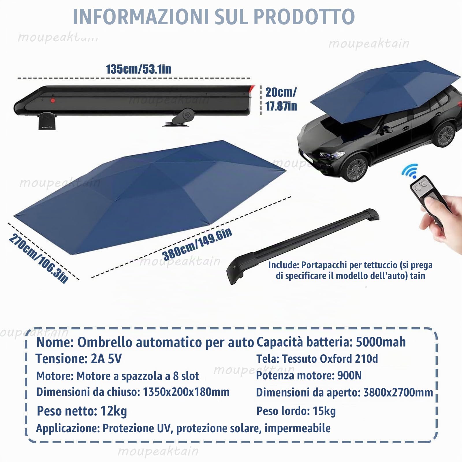 Copri Auto Automatico con Telecomando – Protezione UV da Sole E Pioggia, con Barre sul Tetto/Batteria da 5000 mAh/Vano Portaoggetti, Tenda Copriauto per Berline E SUV Blue