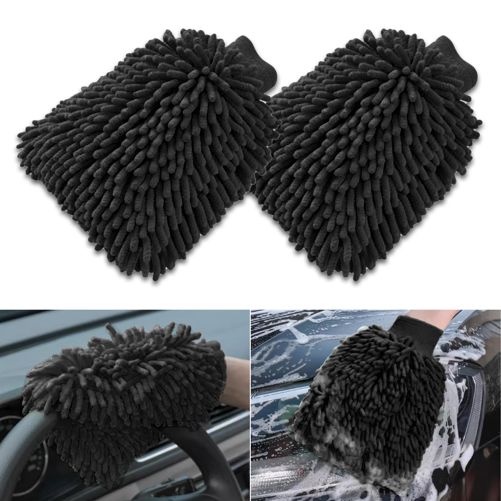 2 PCS Car Washing Gloves, 5.5" x 9.05" x 0.9" Double-sided Thick Chenille Gloves Non-destructive Paint Surface, Super Absorbent Cleaning Tools for Glass Seats, Universal for Cars (Black)