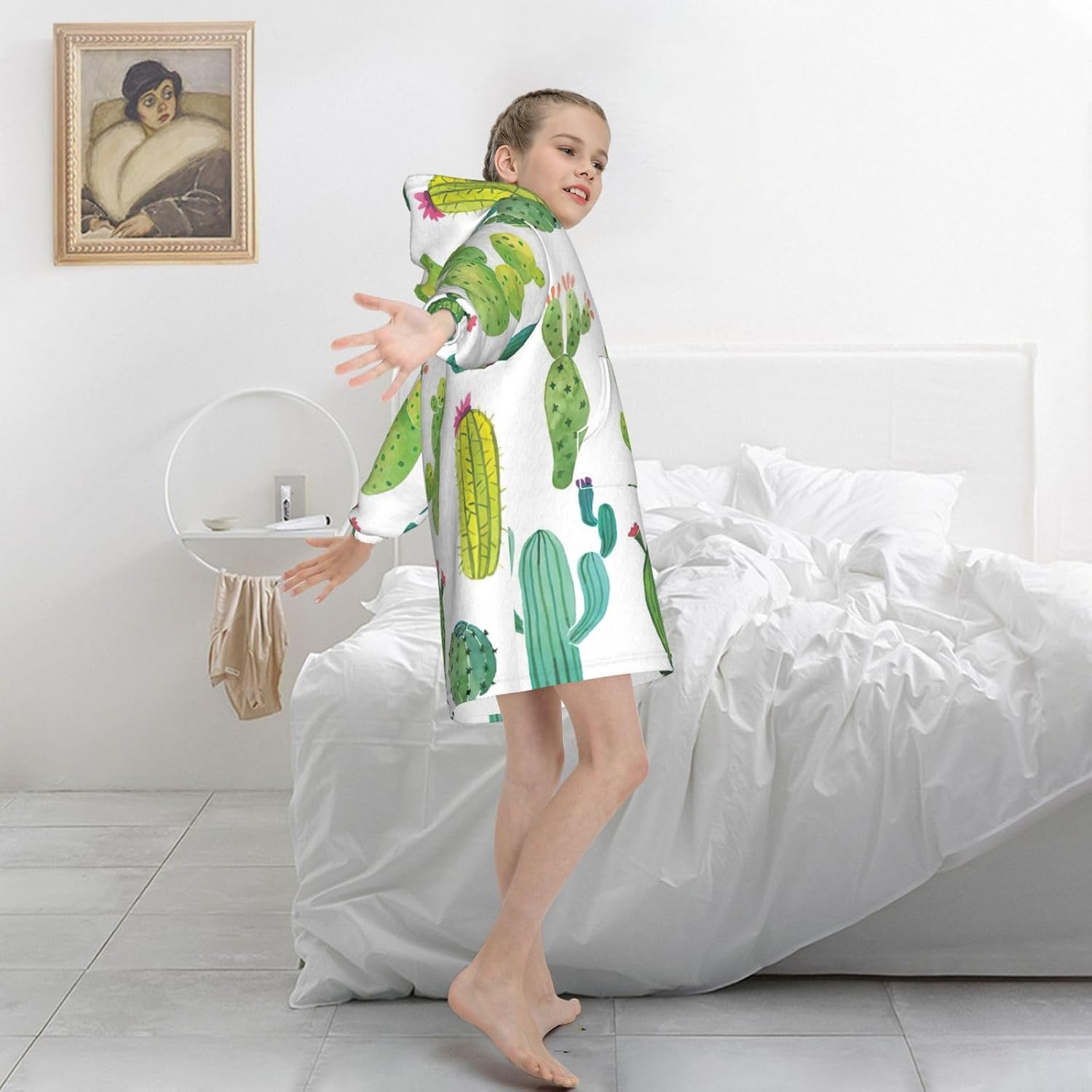 Cactus Print Oversized Blanket Hoodie, Wearable Blanket Hooded,Hooded Pullover With Pocket