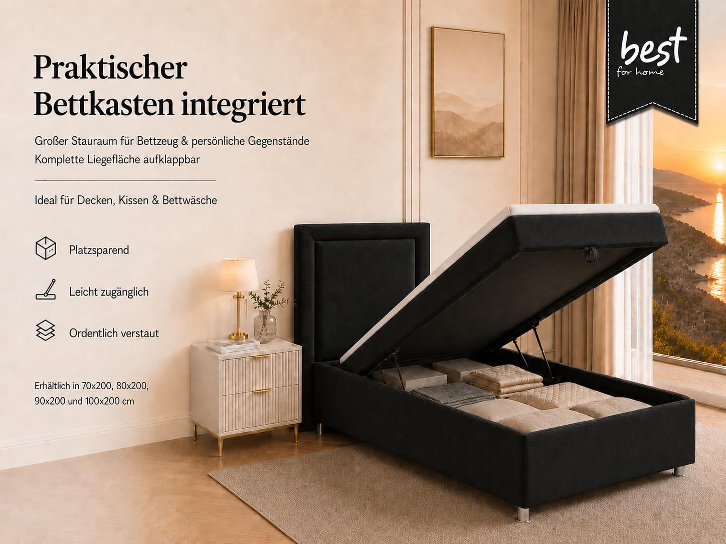 Trinity K3 EinzelBett | Boxspringbett70x200 mit Bonell Federkernmatratze 70x200 | Bett mit Matratze | Bett mit Stauraum | Lieferung an die Bordsteinkante