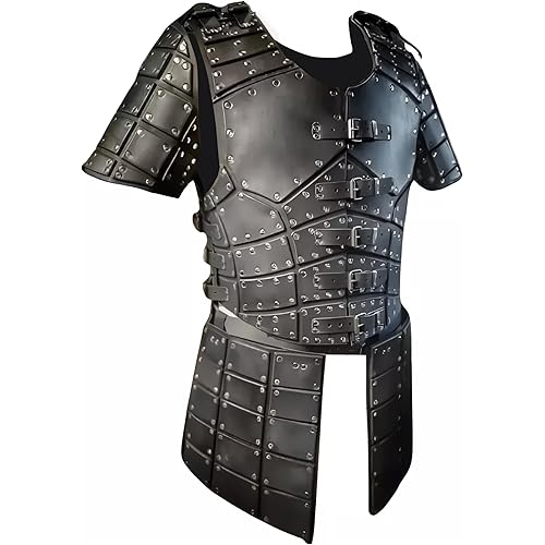 Medieval Leather Armor Breastplate, Renaissance Viking Costume with Shoulder Guard and Tasset, Black