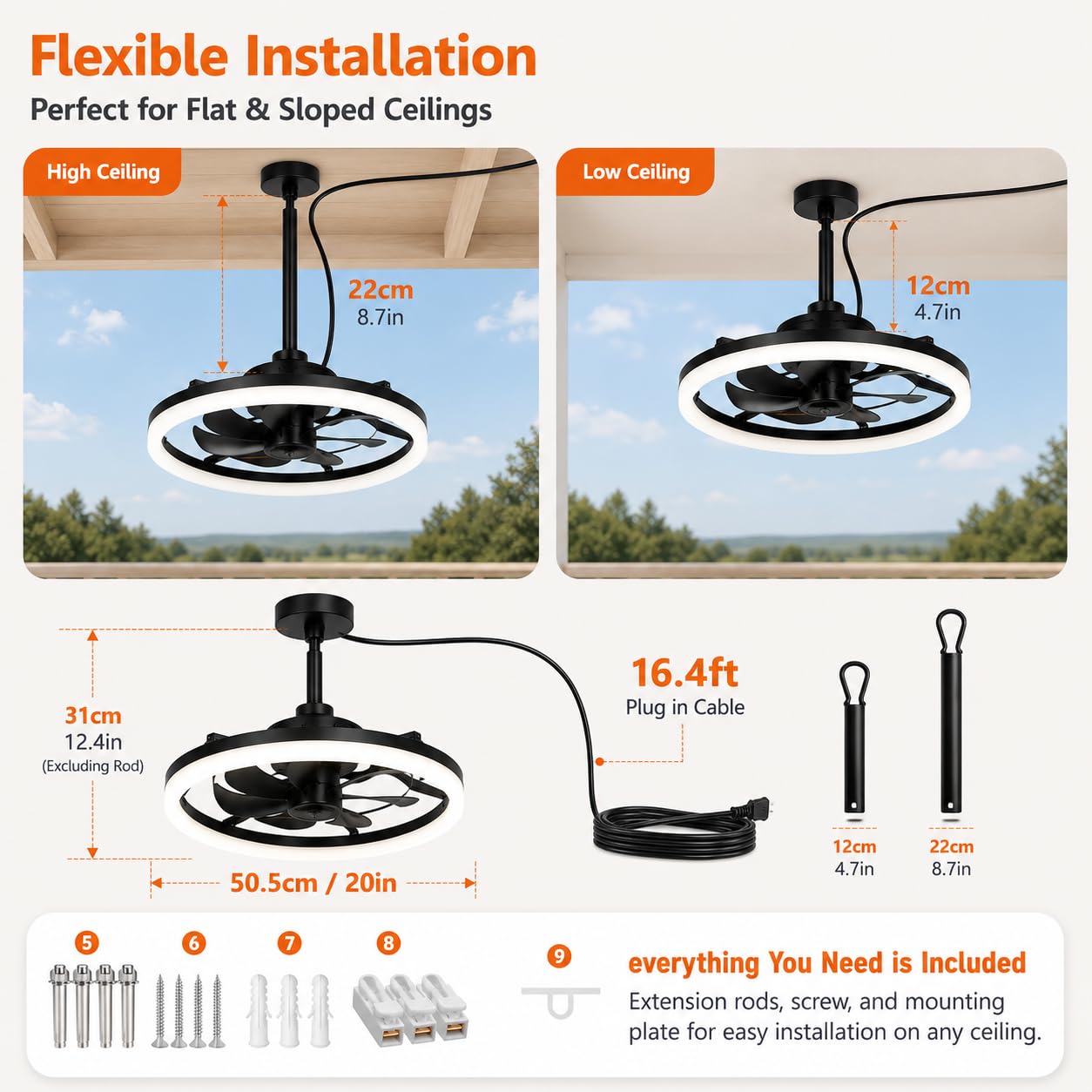 Seyxicnor 20'' Outdoor Ceiling Fan with Light, IP65 Waterproof