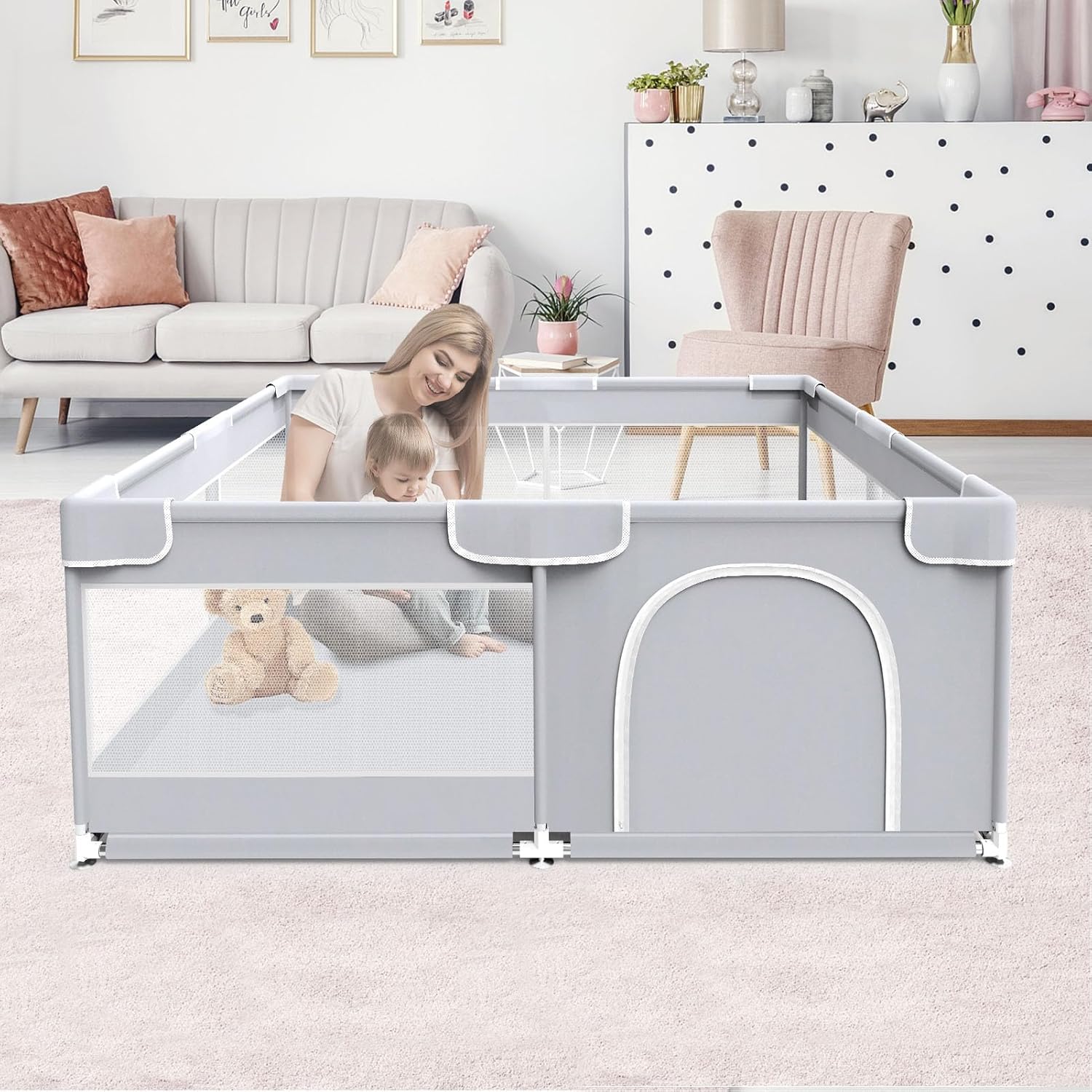 Fshibila Baby Playpen with Mat, Baby Playard for Babies and Toddlers, Baby Fence Play Pens for Indoor & Outdoor, Sturdy Safety Play Yard with Soft Breathable Mesh, Anti-Fall, 50 * 50 * 27 inches Grey