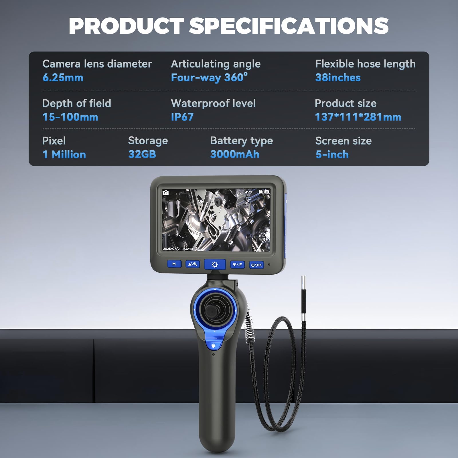 2-IN-1 Endoscopio, 𝟏𝟎𝟖𝟎𝐏 𝐈𝐏𝟔𝟕 𝟔 𝐋𝐄𝐃 Cámara de Inspección Borescopio 360° 4 Vías, 6,2 mm Sonda Delgada, 5 Pulgadas HD – Reparación de Coches, Mantenimiento HVAC