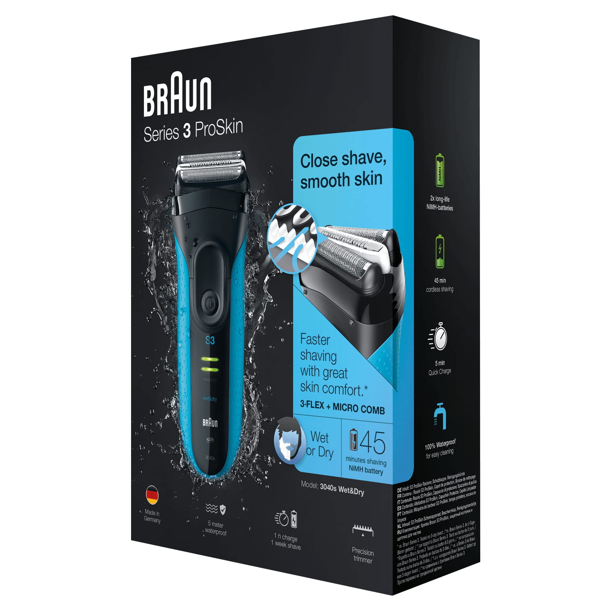 Braun Series 3 ProSkin 3040s - Afeitadora eléctrica/máquina de afeitar recargable Wet & Dry (de uso en húmedo y seco) color azul
