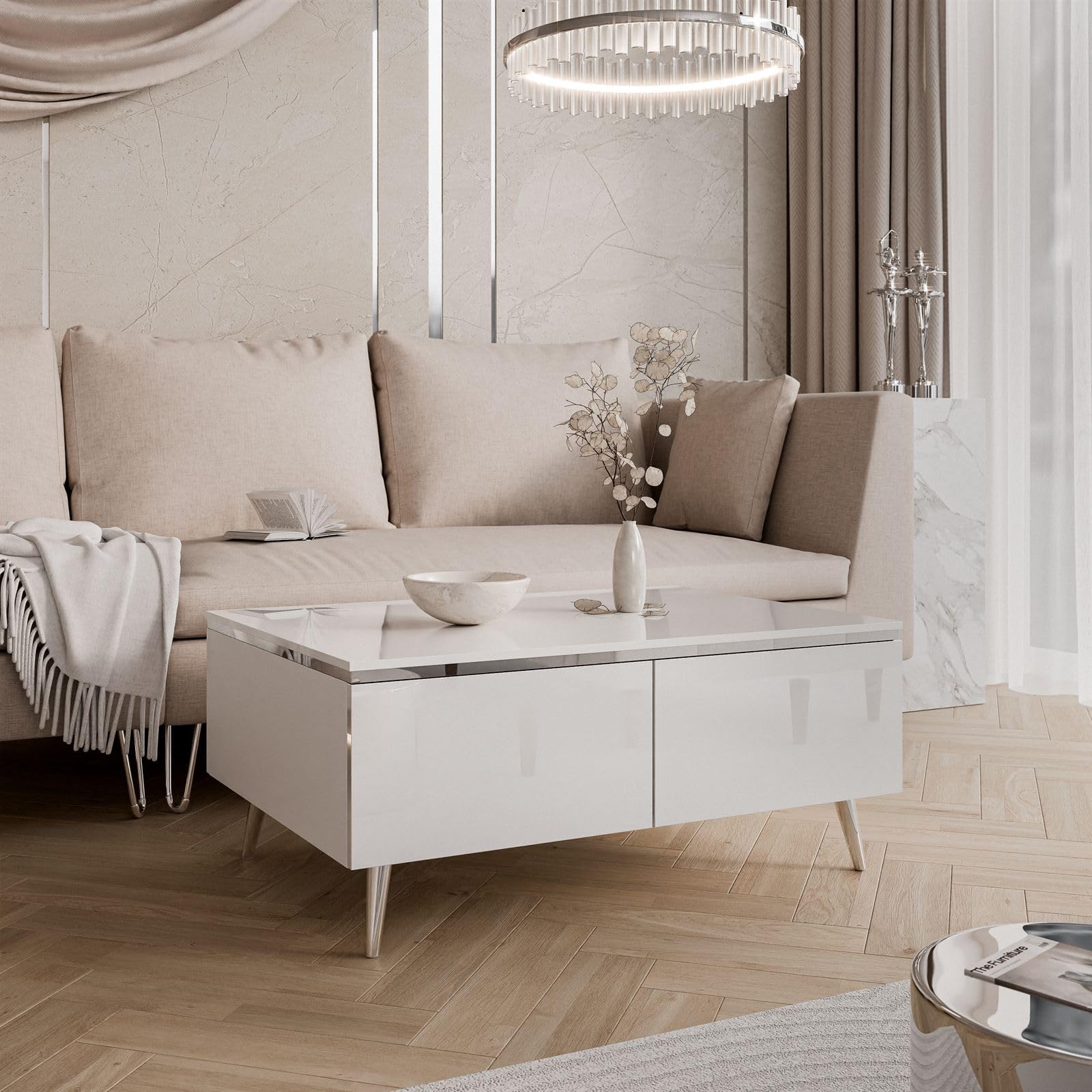 Lookway Couchtisch Aurora Silver mit Stauraum, silberner Dekorleiste und passenden Füßen – Modernes Wohnzimmermöbel (schräge Silber Chrom Beine)