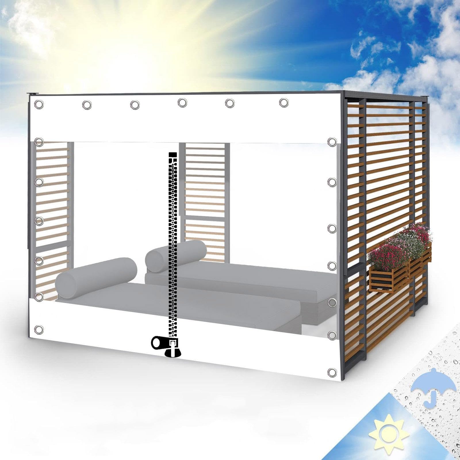 Bâche résistante aux intempéries imperméable en PVC transparent avec système de rideaux zippés