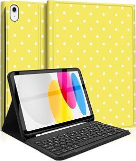 Keyboard Case for iPad 11th 10th Generation with Pencil Holder, Wireless Keyboard Cover for 11th A16 11-inch 2025, 10th Gen 10.9 Inch 2022, Polka Dot Yellow-White