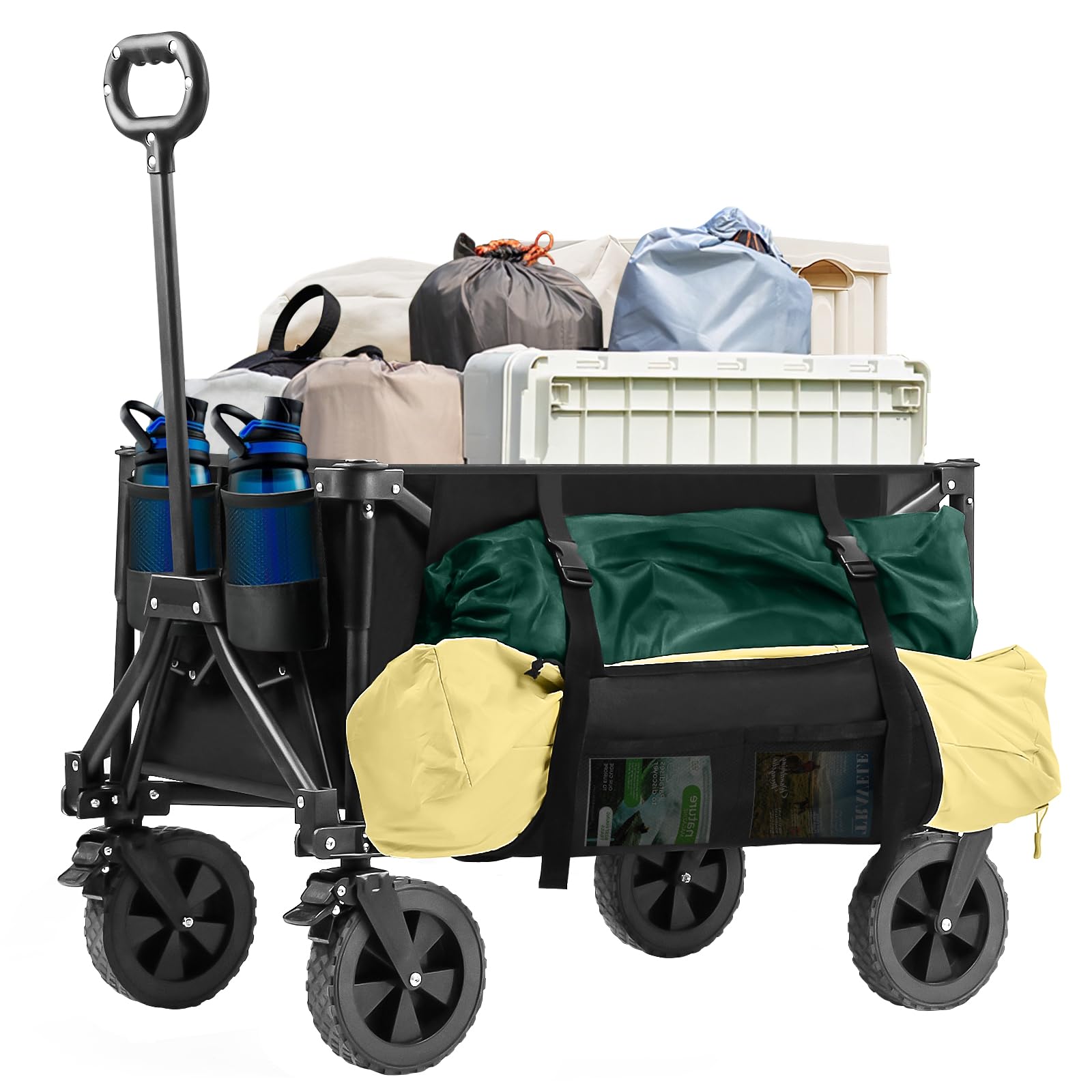 Utility Cart Folding Wagon Cart Collapsible with Side Pocket and Brakes Foldable Wagon for Garden Sports Beach Outdoor