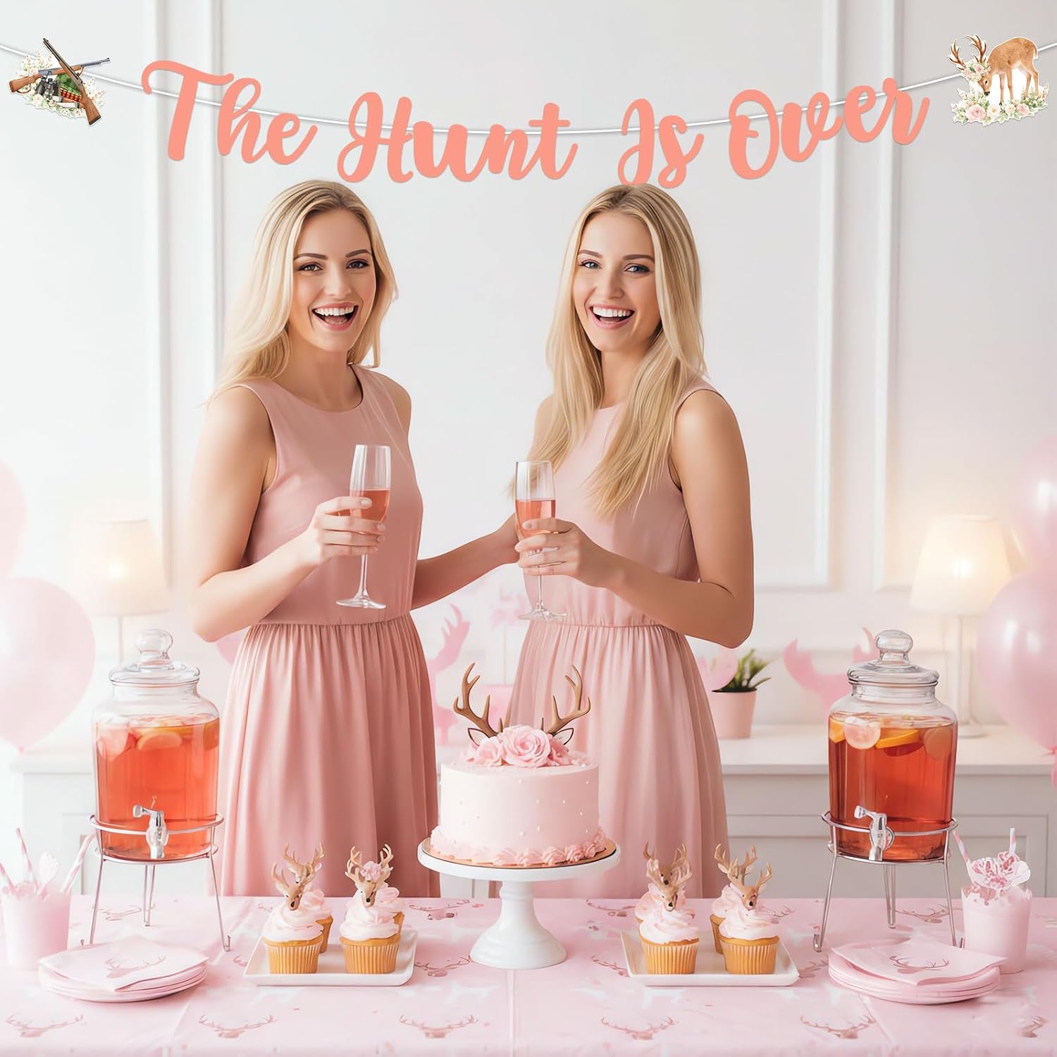 The Hunt is Over Banner Pink Deer Hunting Theme Party Decoration Pink Flower Floral Theme Bridal Shower Banner for Women Engagement Funny Wedding Bachelorette Party Supplies image 4
