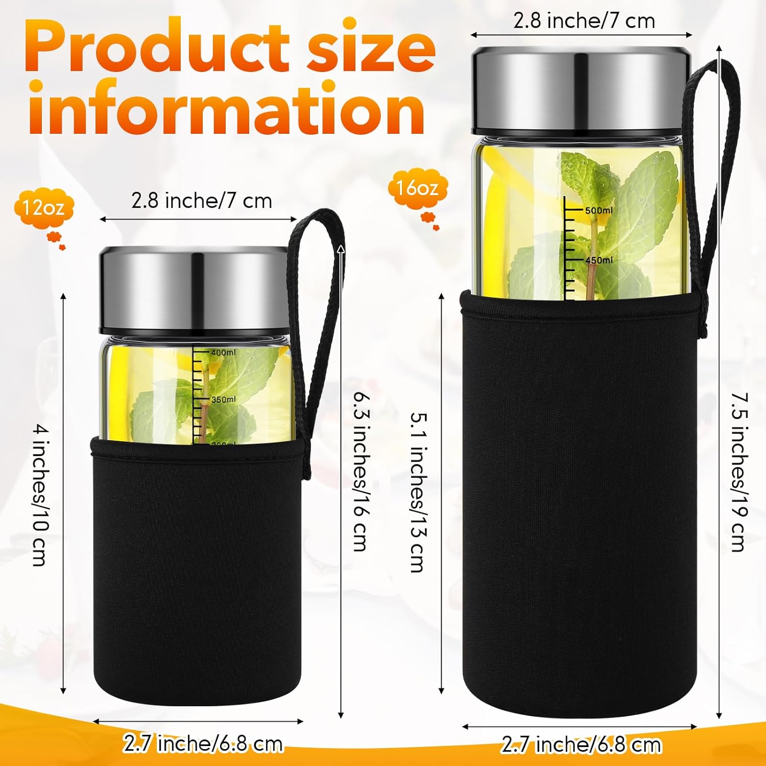 Vesici 6 Pack Wide Mouth Glass Juice Bottles Glass Water Bottles with Lids and Sleeve for Juicing Smoothies Milk Protein Infused Water Reusable Leakproof Borosilicate Bottle(12 oz) - Image 2