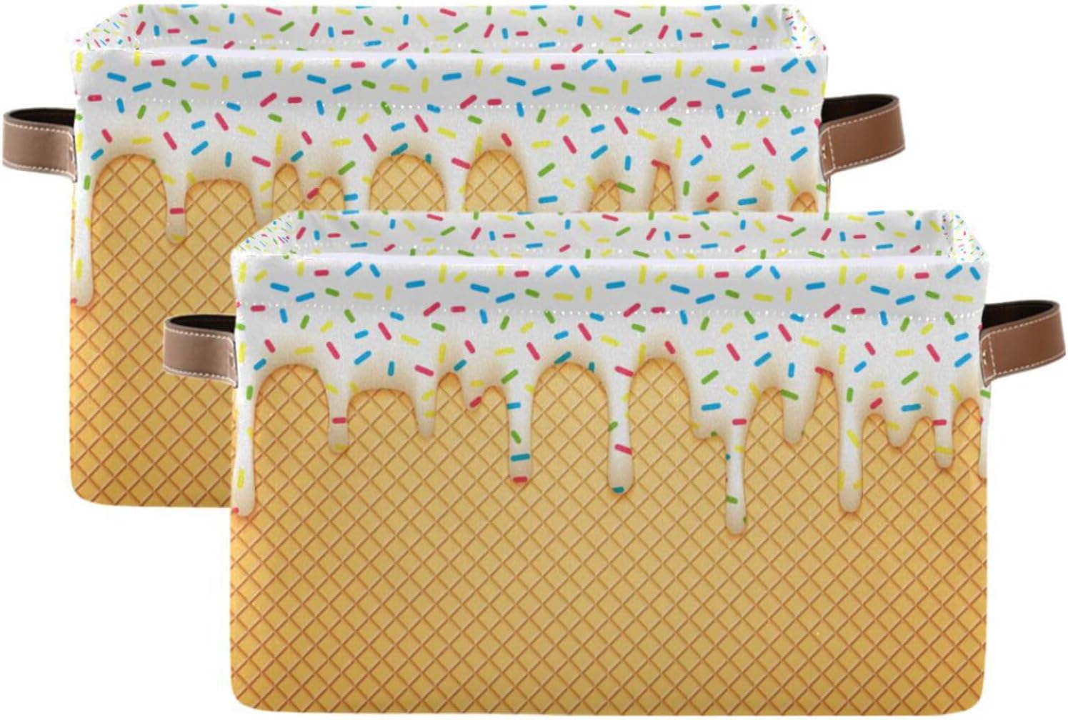 Foldable Canvas Storage Basket with Handles Ice Cream Durable Storage Bin Organizer for Nursery Kids Shelves Desks Printed Canvas Storage Basket