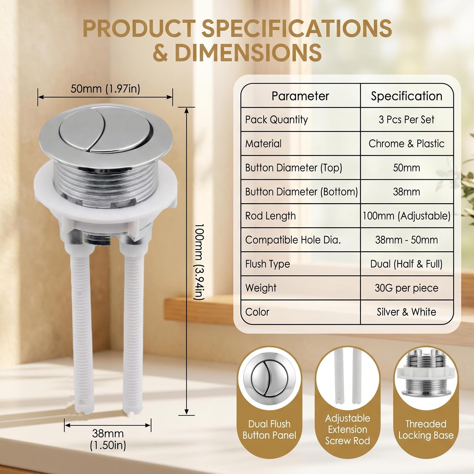 1PC Square Dual Flush Toilet Tank Button Universal Closestool Switch Press Toile