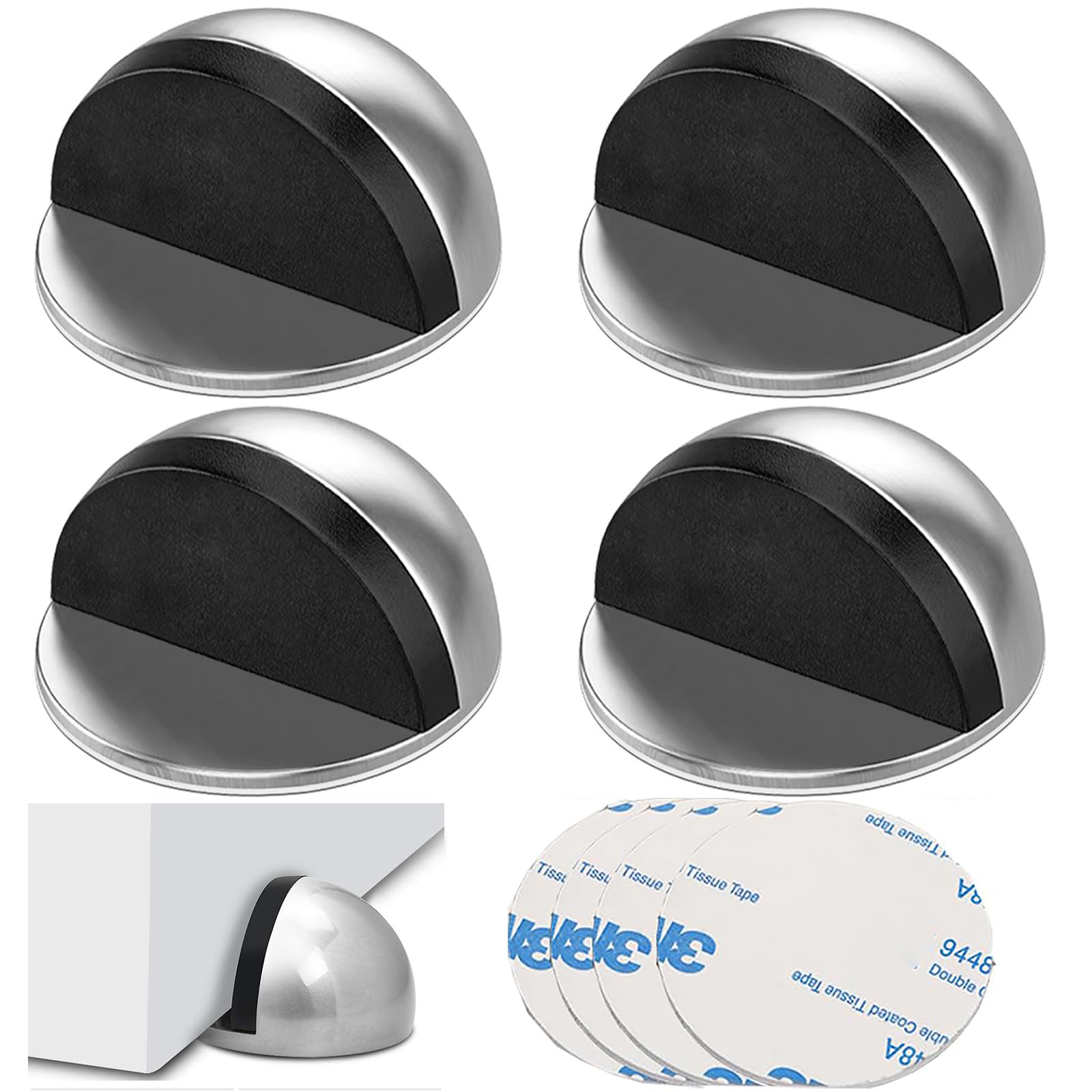 Jidyllic Self Adhesive Floor Door Stoppers,4 Pcs Stainless Steel Oval Adhesive Door Stop Floor Mounted Doorstop Door Stopper Floo Half Moon Doorstop for Office Home Use(Silver)