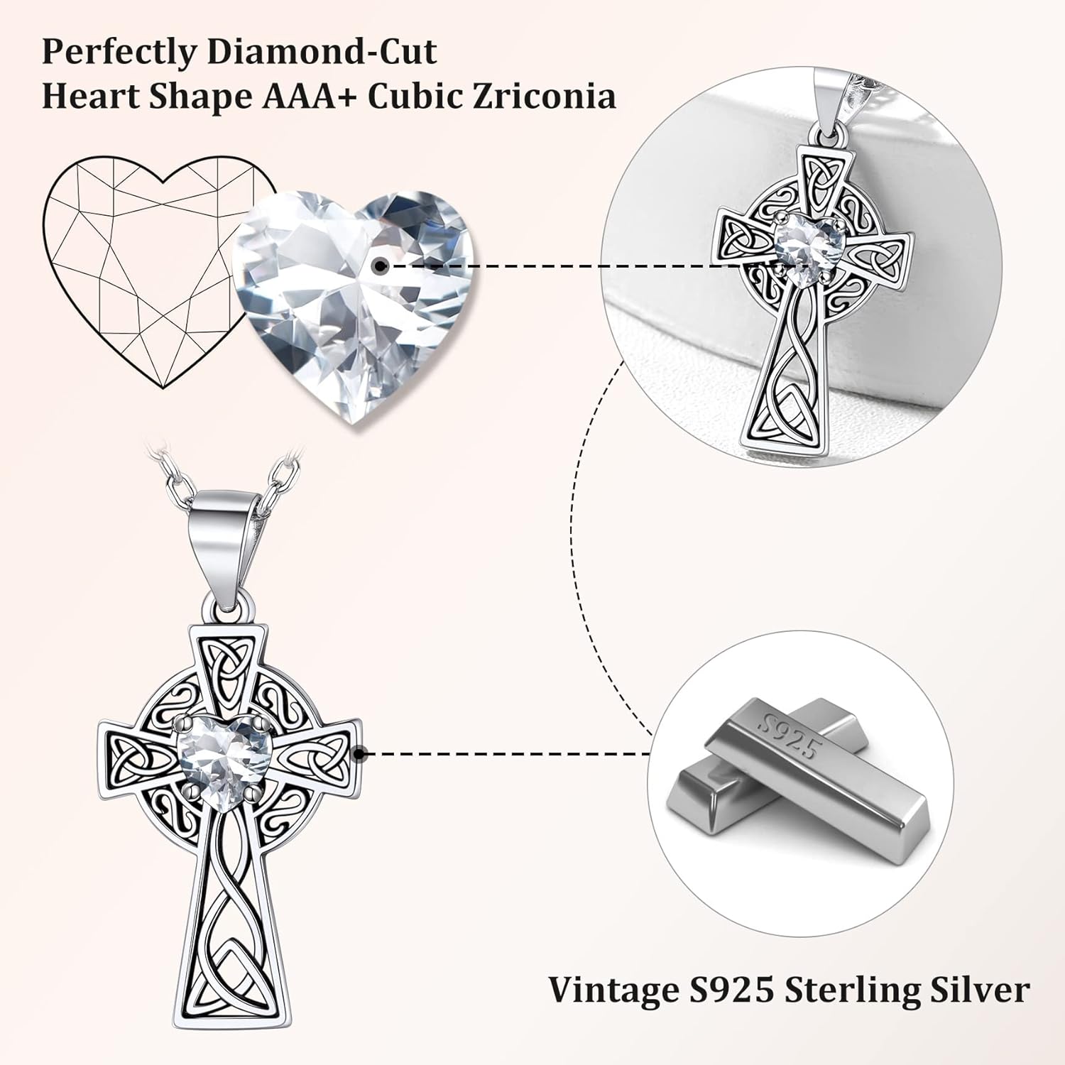 Bestyle Silver Celtic Cross Necklace with 12 Month Heart Birthstone, Dainty Celtic Birthstone Necklace Silver Chain for Women Faith Irish Amulet Lucky Birthstone Jewelry - Image 4