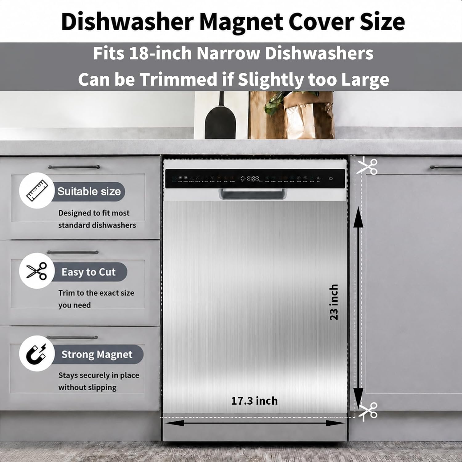 Silver Brushed Dishwasher Magnet Cover-17.3“ x 23” for Slim Dishwashers