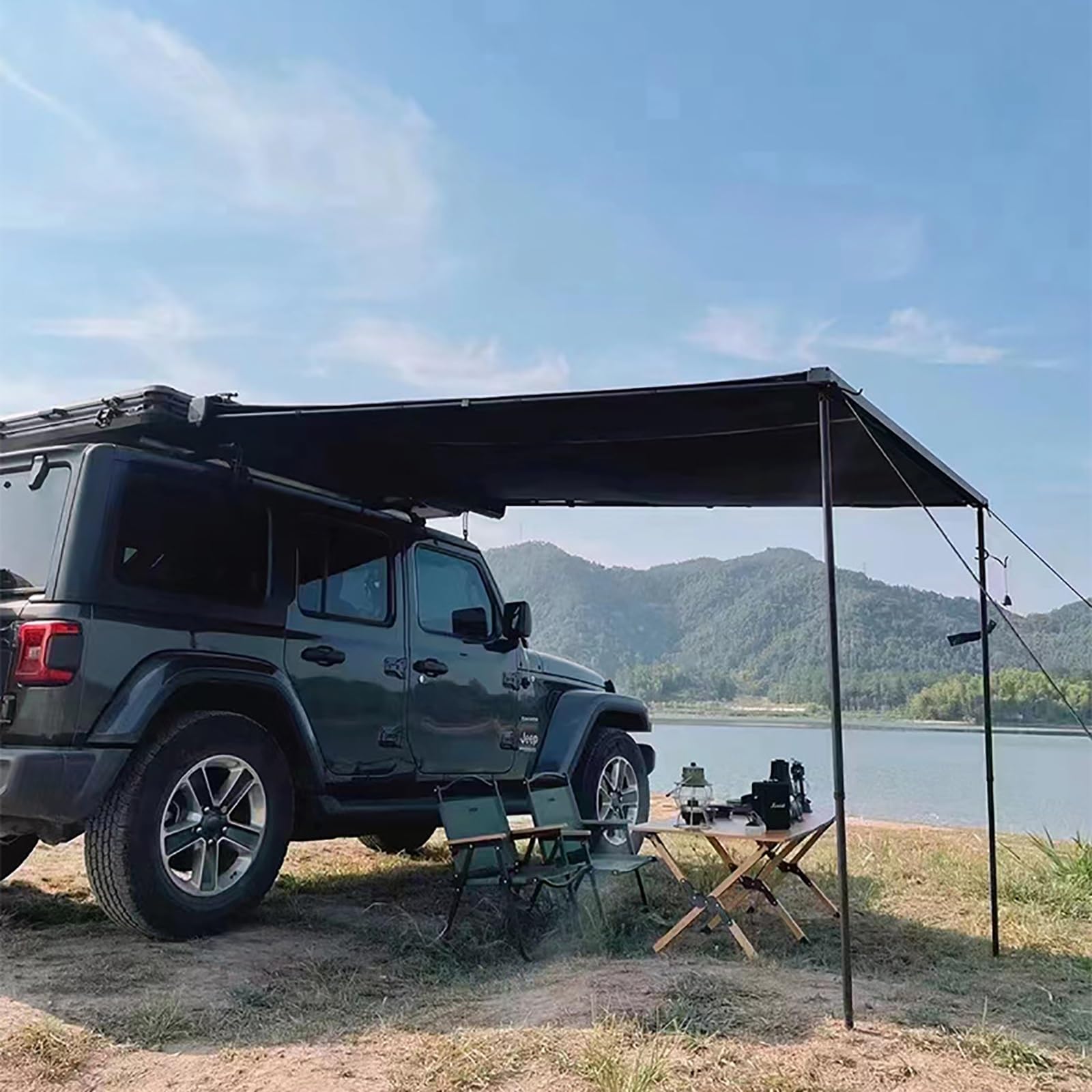 Einziehbare SUV-Markise für Camping, Seitenmarkisen fürs Auto mit PU5000mm-Tragetasche, ausziehbarer Sonnenschutz für Dachgepäckträger aus schwarzem Aluminium, für SUV/LKW/Van(160x250cm/5.2x8.2ft)