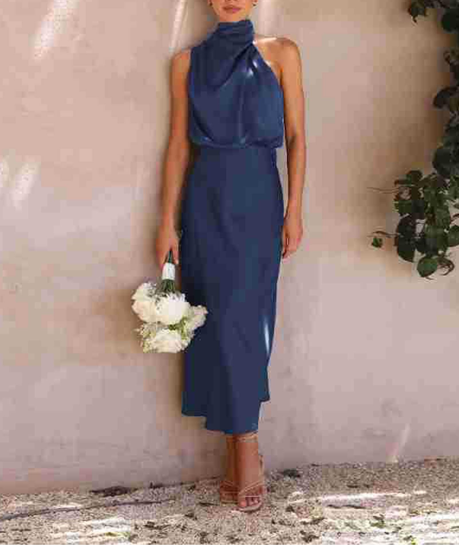 Vestido elegante de satén para mujer, sin mangas, cintura alta, para boda, formal, invitada de boda, cóctel, fiesta, vestido midi