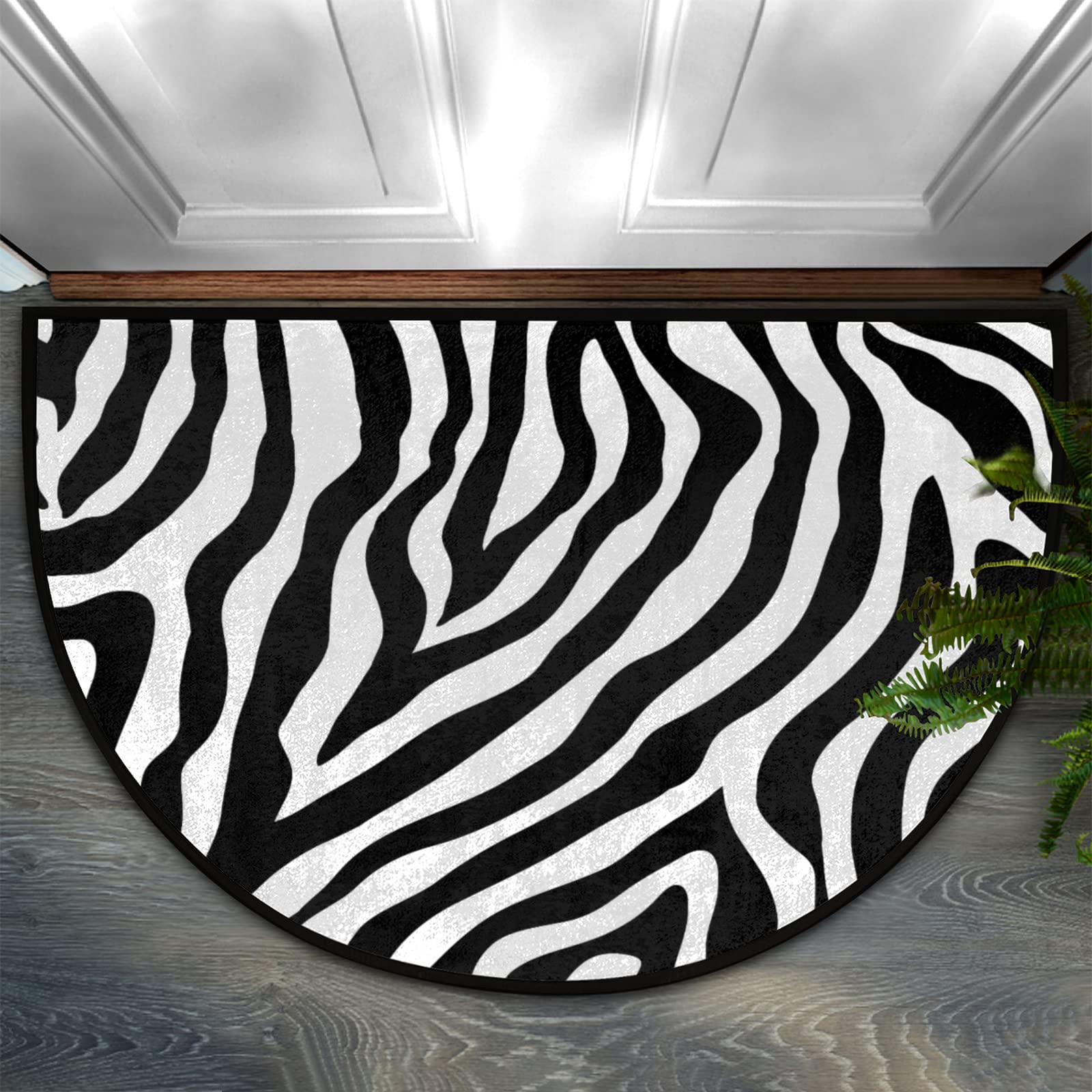 Bioputty Half Round Door Mat Area Rug Black Zebra Pattern Print Doormat Indoor Outdoor Entryway Rug Home Non Slip Door Mats Washable Kitchen Semicircle Area Rug 16 x 24 Inch