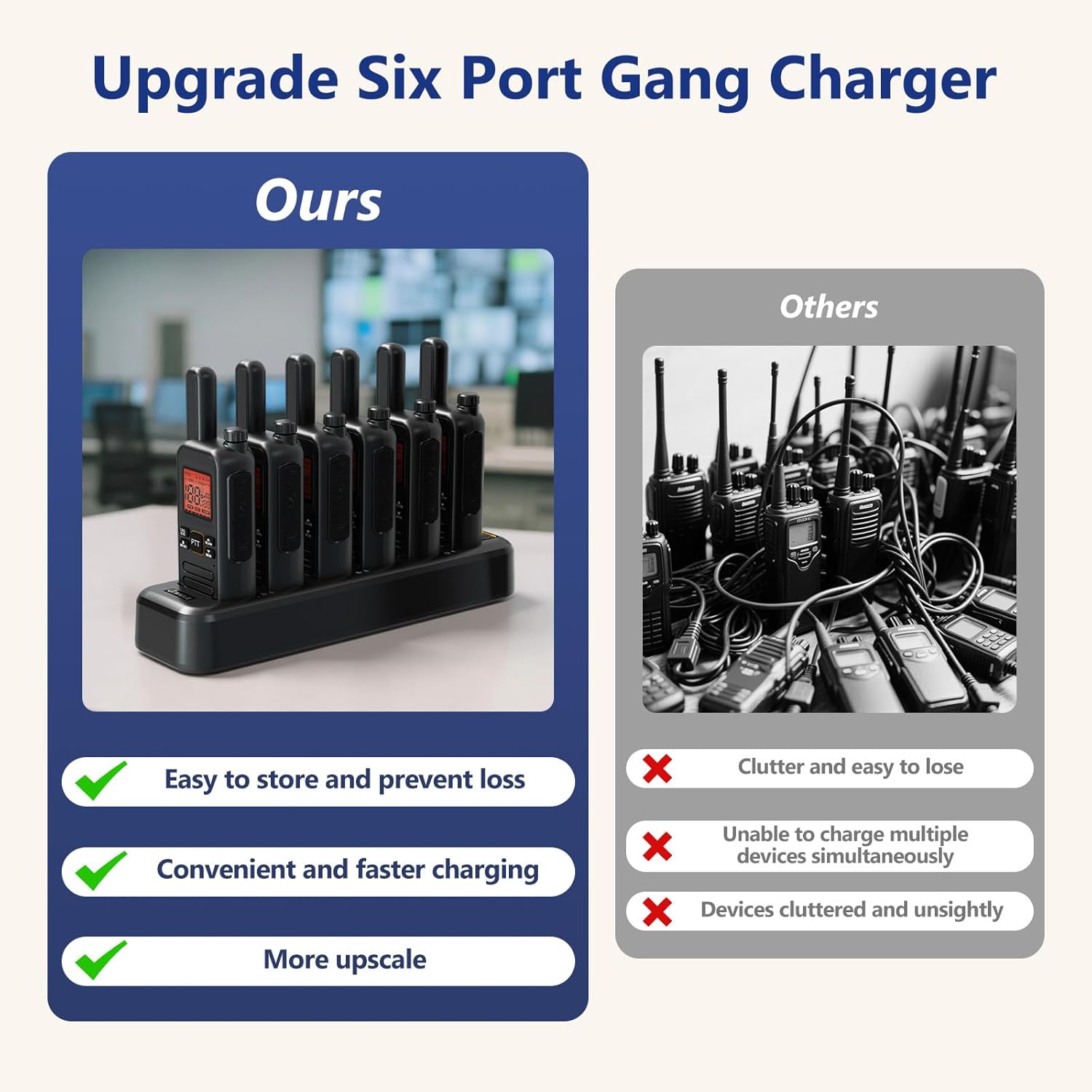 A pair of QNIGLO SW-66 long-range FRS two-way radios, black in color, with digital displays showing channel and battery information.