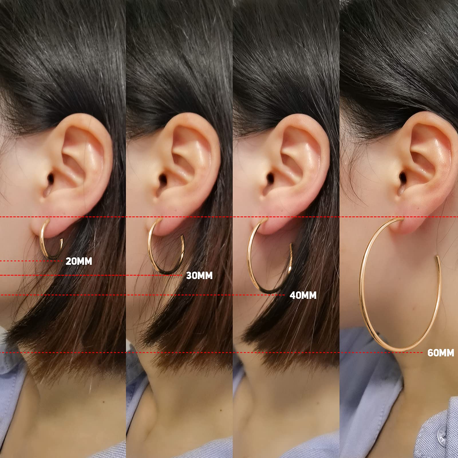 Aretes de aro de oro para mujer, chapados en oro de 0.787 in/1.181 in/1.575 in/2.362 in, aretes de aro ligeros y finos, Acero inoxidable 2