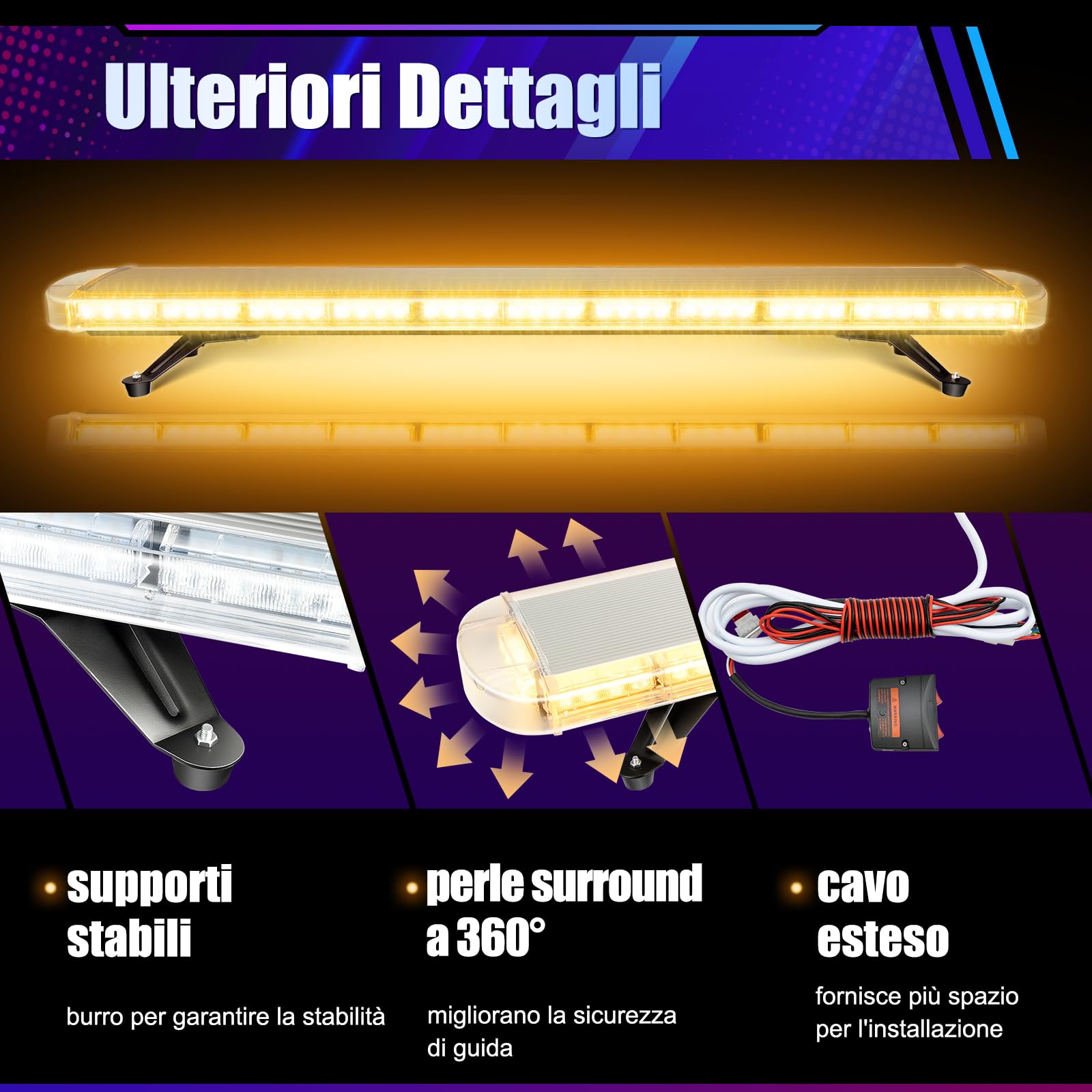 Barra luminosa LED 130 cm, 96 LED, 3000 K, indicatore di direzione, emergenza, spazzaneve, striscia IP65 3,8 m