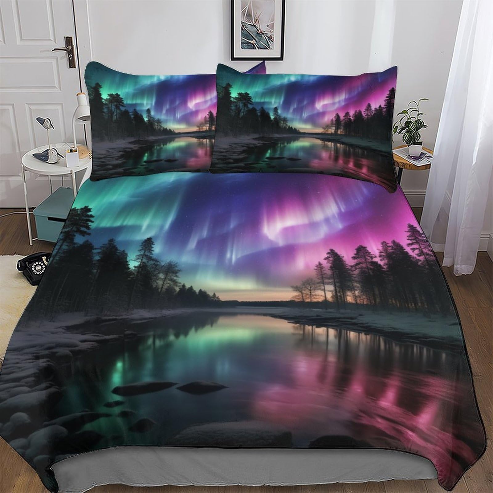 LLLBBB Northern Lights in Norway Bedding Set Duvet Cover Soft Quilt Cover for Kids, Girls, Boys And Teens 2 Pieces with Pillowcase Cosy Bed Linen Single(135x200cm)