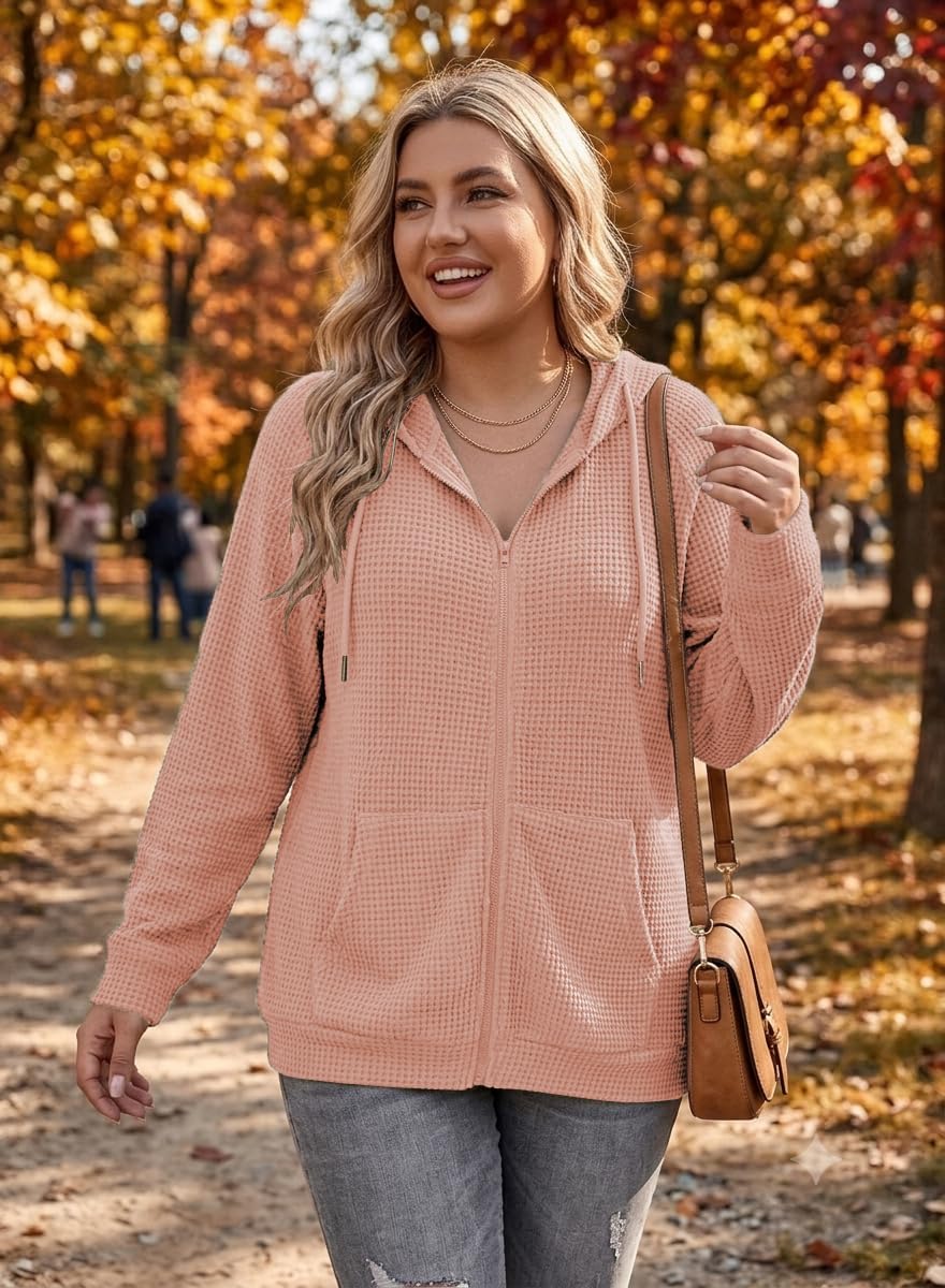 ForHailey Women's Plus Size Zip Up Hoodies Waffle Drawstring Sweatshirt image 4