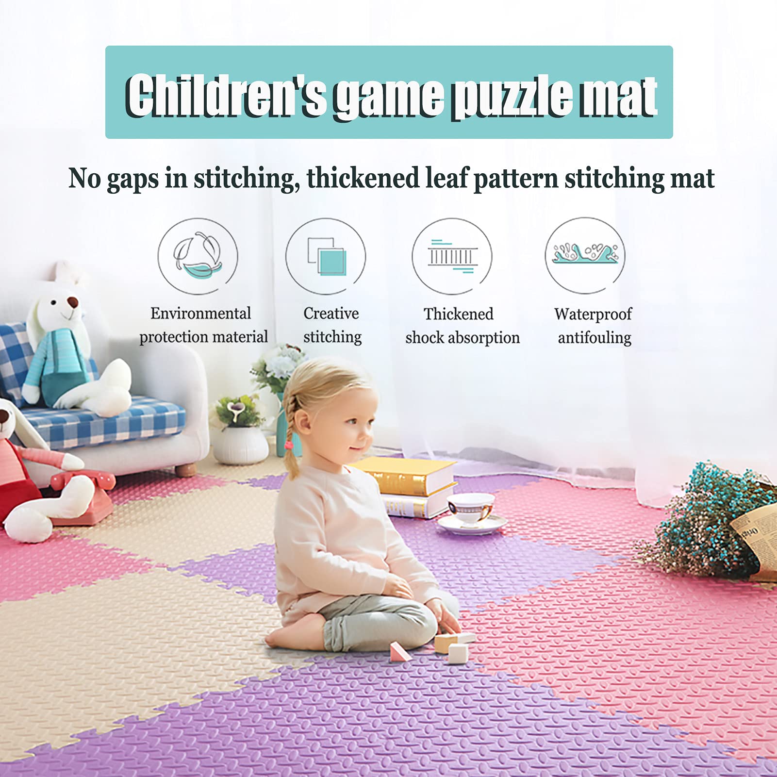 Tapis Puzzle avec Bords Mousse EVA Douce, 30x30x2.5cm Tapis de Jeu pour Enfants Tapis de Puzzle pour Chambre d'enfant Salon Salle de Sport Piscine,White+Pink+Gray,24