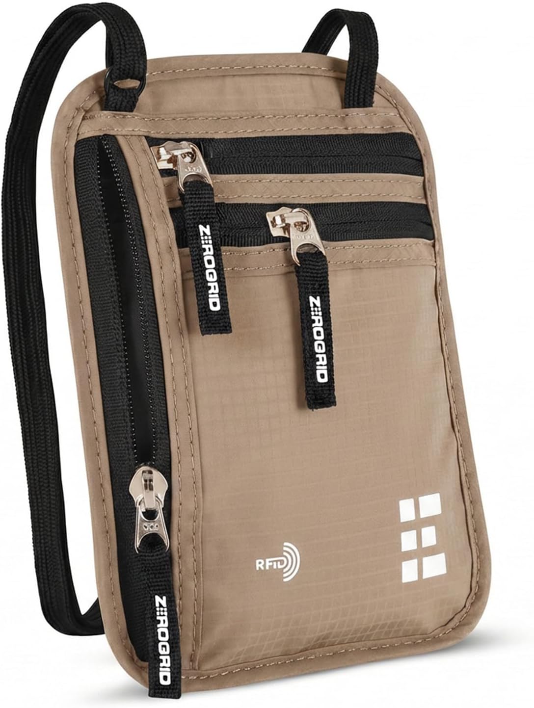 Neck Wallet for Travel & Passport Holder with RFID Blocking - Slim & Easy to Conceal Nylon Travel Pouch for men & women - Holds Phone, Cash, Cards, Keys - Sweat & Water Resistant - Large - Beige