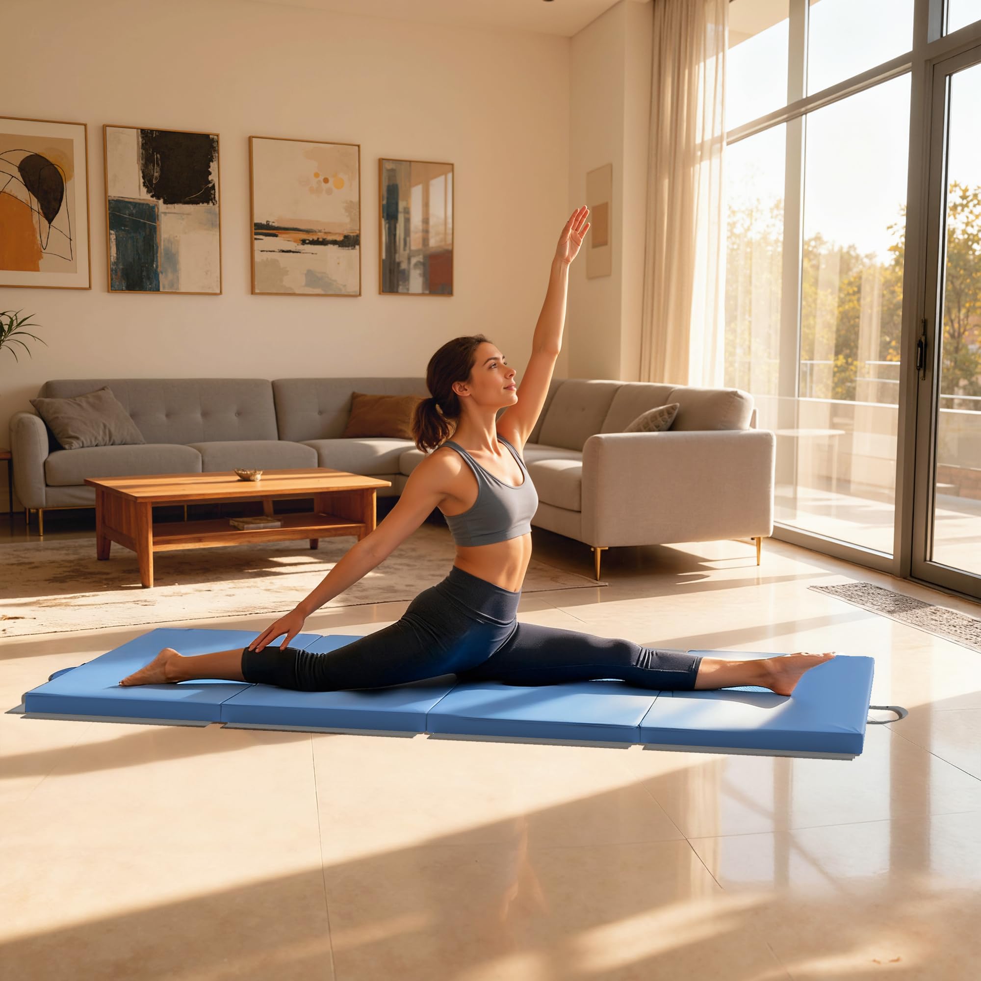 HOMCOM Tapis de gymnastique pliable, tapis gymnastique épais, avec poignée, tapis de sol pour yoga, mma, sport, fitness, pilates, revêtement synthétique, bleu clair