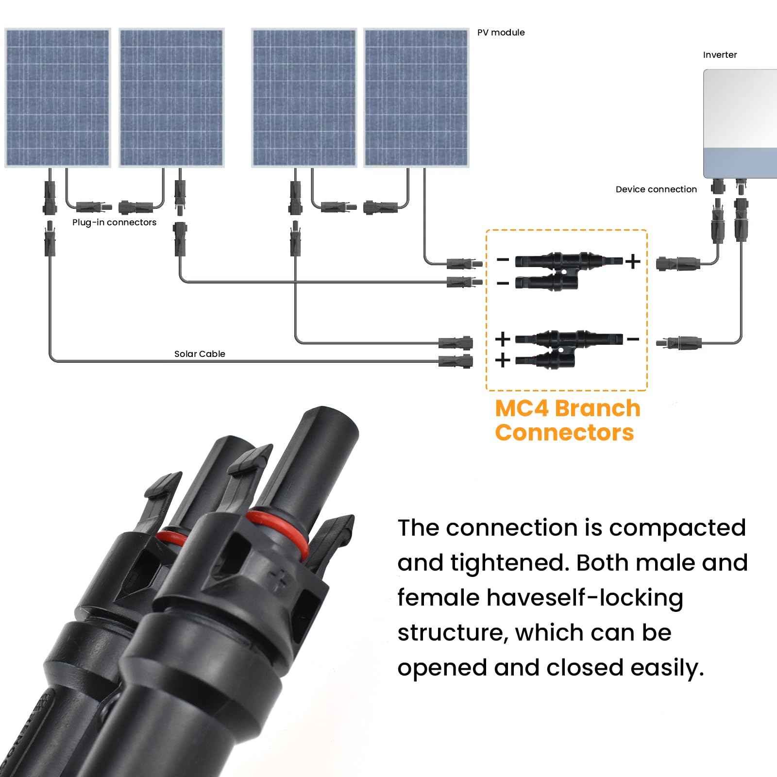 3 pares de conectores de rama en T, conectores de rama solar 2 a 1, conectores paralelos de panel solar FMM+MFF Y para conexión en paralelo entre paneles solares