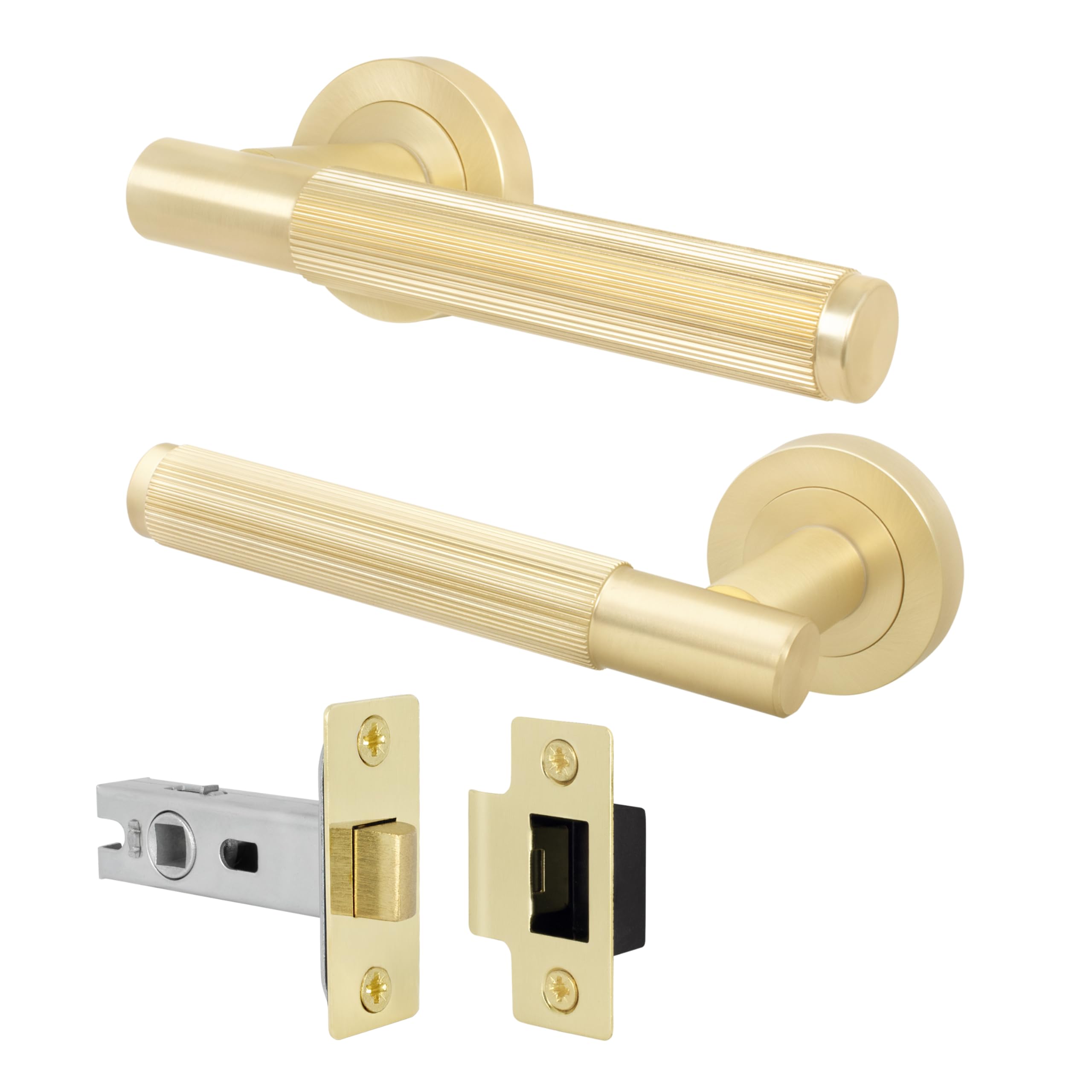 EAI Brass Door Handle and Latch Set, Satin Brass Internal Door Handle with 64mm Latch, Oruro Range 1 Pack