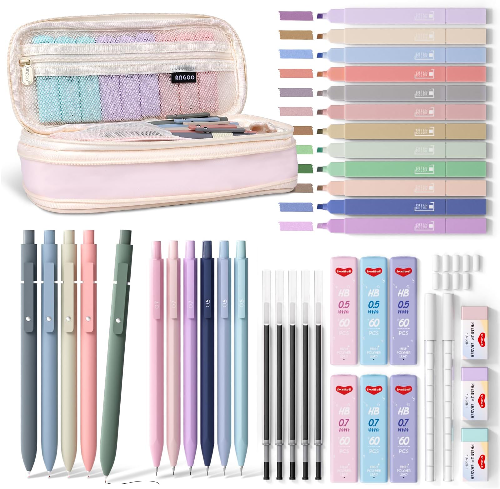40PCS Aesthetic School Supplies with Cute Pen Case, 12 Color Pastel Highlighters, 5 Black Ink Gel Pens, 6 Mechanical Pencil 0.5 & 0.7 mm, Back To School Supplies for Student Stationary