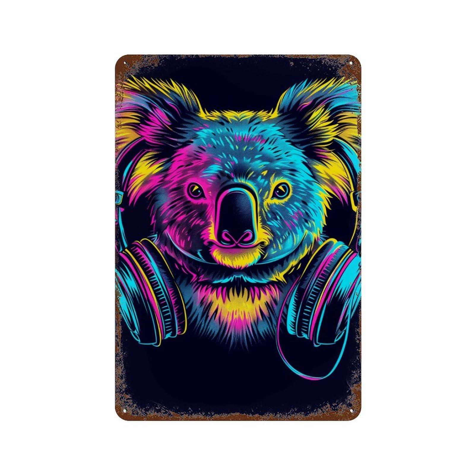 Koala Headphones Neon Art Print Aged Metal Wall Plaque 11.8"x7.9", Farmhouse Wall Decor for Office, Studio And Wall Decor